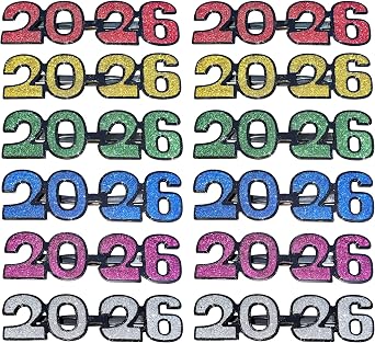 12 Pack of 2026 New Years Crystal/Glittered/Solid/Metallic Plastic Party Glasses Celebration Eyeglasses