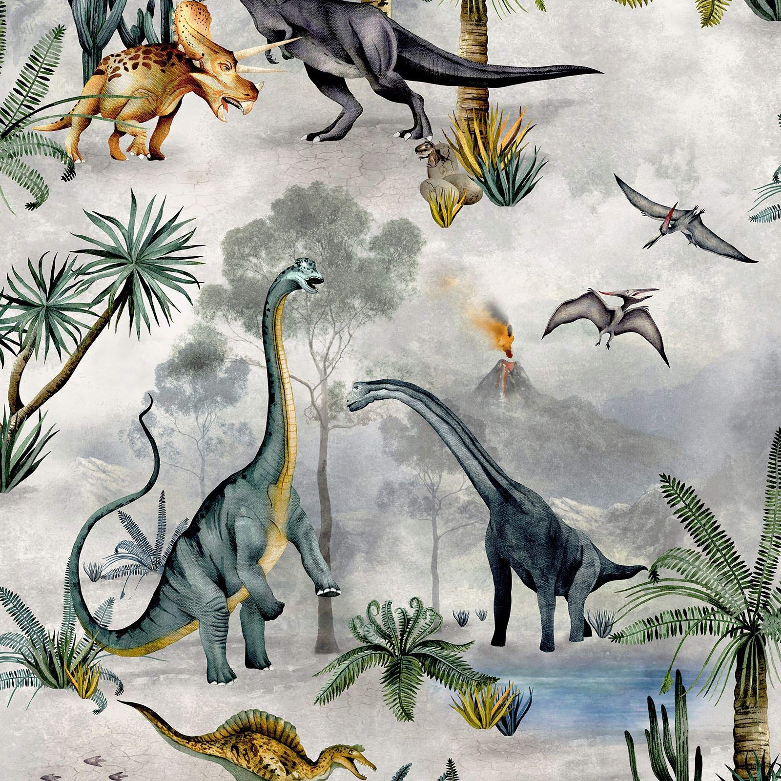 World of Wallpaper Dino Kingdom Dinosaur Themed Playful Wallpaper for Nurseries, Playrooms, Children's Bedroom Grey/Green/Blue 7700