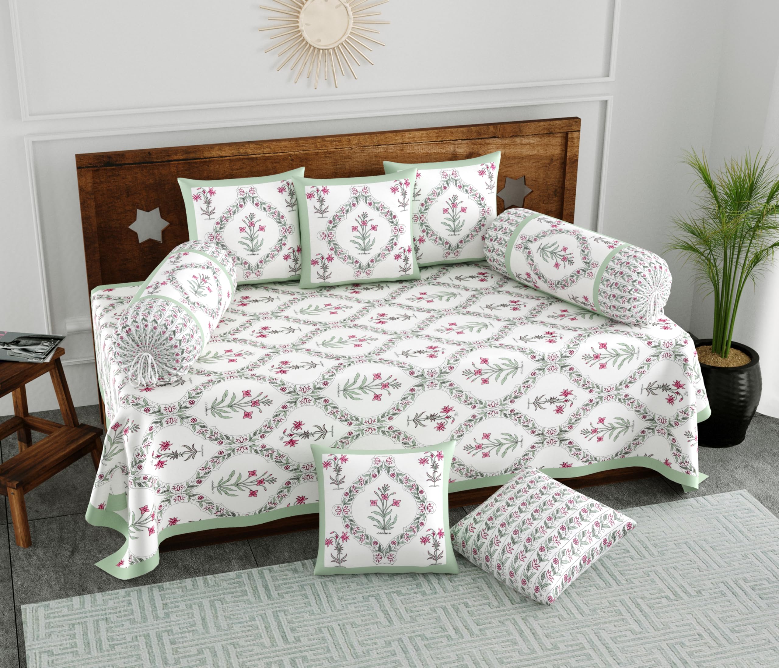 BLOCKS OF INDIA 200TC Diwan Set Cotton 8 Piece | Deewan Printed Bedsheet Sets for Living Room Hall (Set of 8 Piece, 1-Bed Sheet | 2-Bolster Cover | 5-Cushion Cover (Green BEL)-image-28