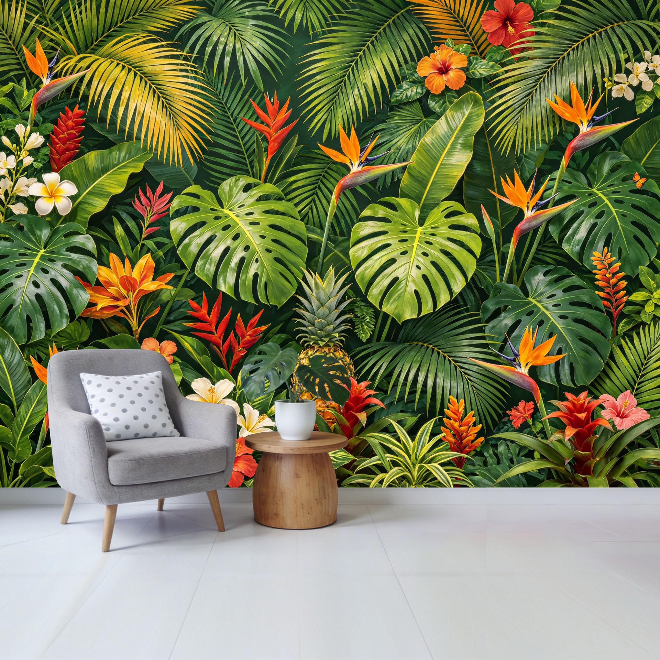 Custom Size Wall Mural Tropical Jungle Botanical Pineapple Bird of Paradise Flowers Exotic Leaf Print SelfAdhesive Wall Fabric Removable Wallpaper for Home Office Decor