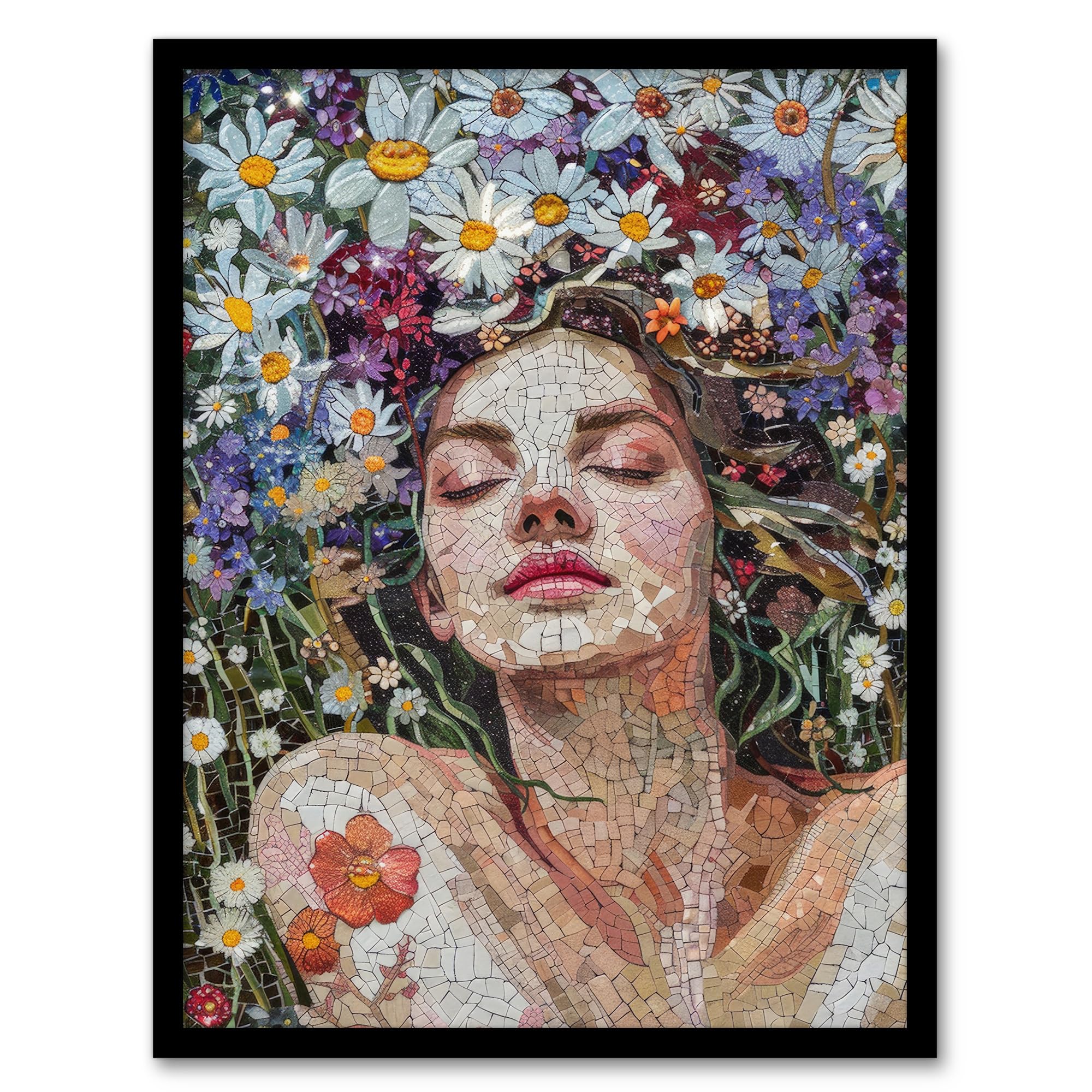 Artery8 Woman Laying in Spring Flower Field Mosaic For Living Room Artwork Framed Wall Art Print 18X24 Inch