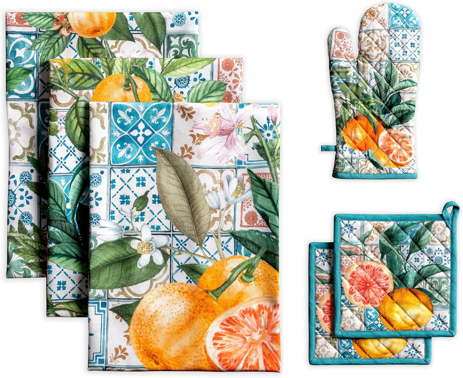 Maison d' Hermine Agrume Bundle Set 100% Cotton Set of 3 Kitchen Towels (20 Inch by 27.5 Inch) and Oven Mitt (7.5 Inch by 13 Inch)/Set of 2 Pot Holder (8 Inch by 8 Inch)