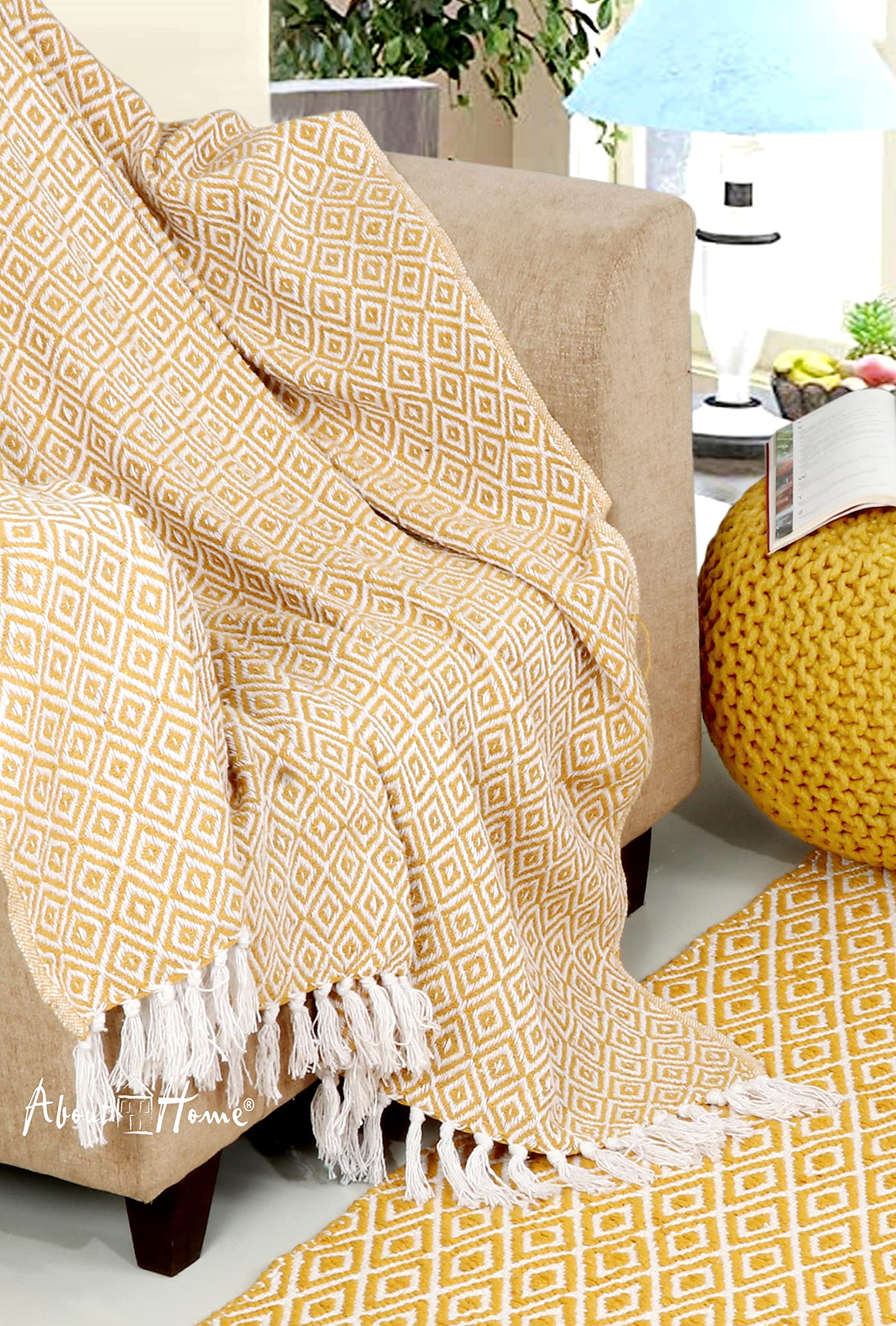 About Home Cotton Diamond throw, settee cover in many sizes & colors. (150 x 200 cm, Mustard)