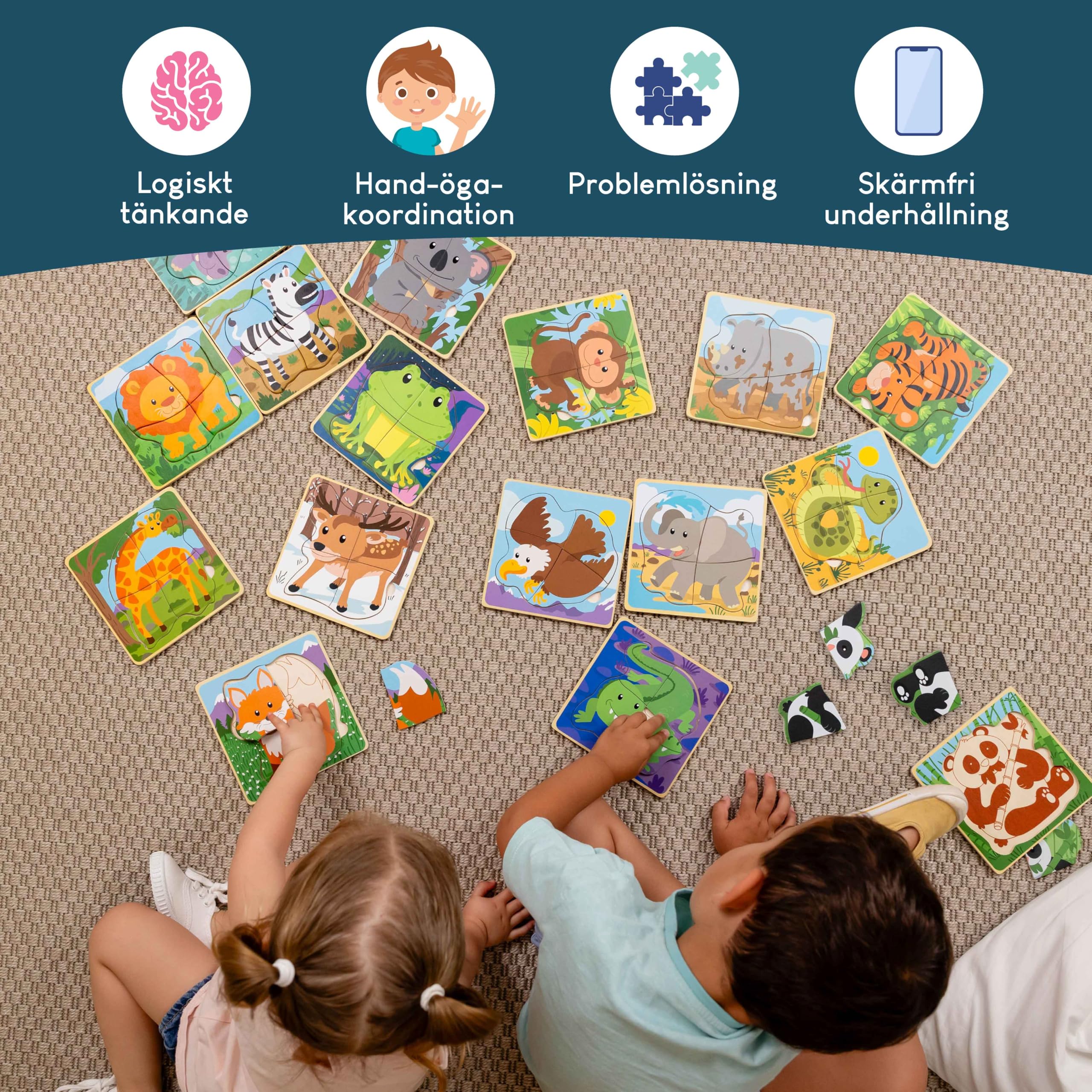 BONNYCO Zestaw 4 Drewnianych Puzzli - 16 Upominków do Toreb na Przyjęcia dla Dzieci w Wieku od 1 do 5 lat. Pomysły na Prezenty Urodzinowe Zabawki Maluchów Nagrody Klasowe Niemowląt
