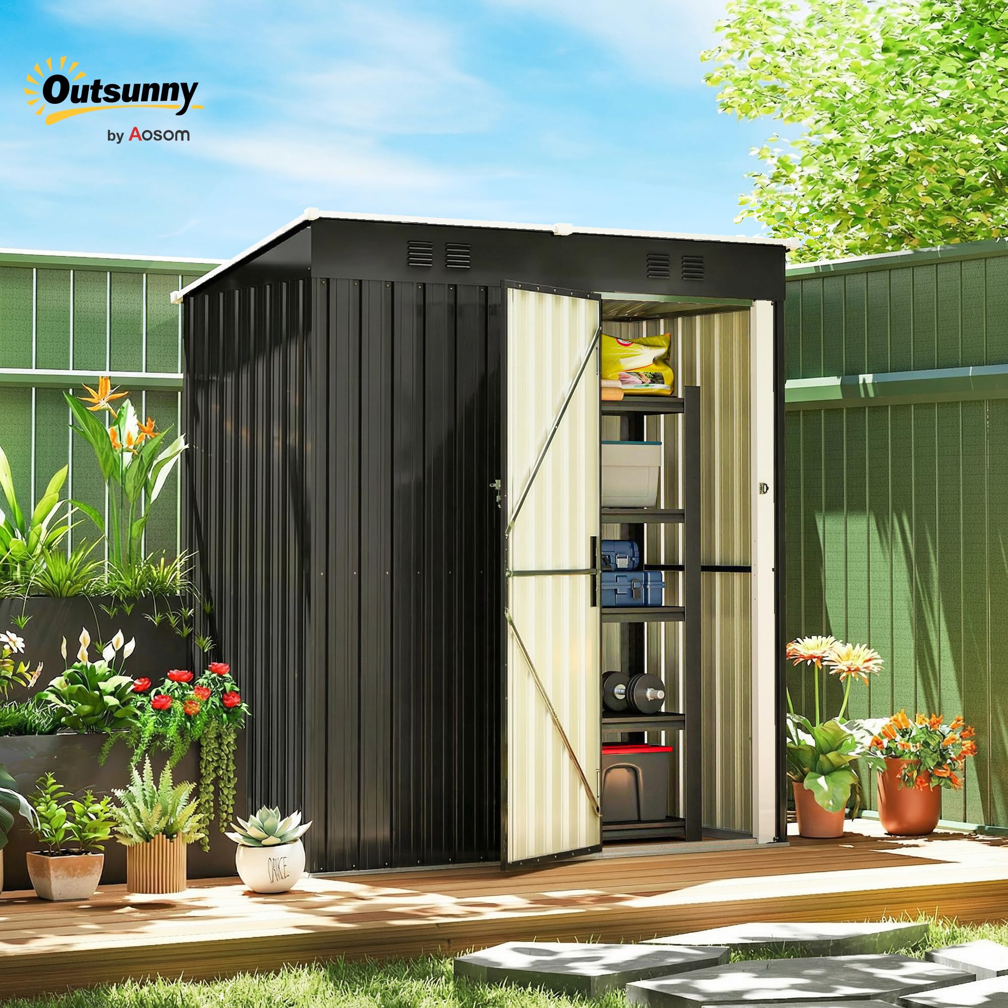 Outsunny Caseta de Jardín Exterior 1,37 m², 163x90x179 cm, Cobertizo de Jardín Exterior Metálico con Puerta con Pestillo y Ranuras de Ventilación, para Almacenamiento de Herramientas, Gris Oscuro - 2