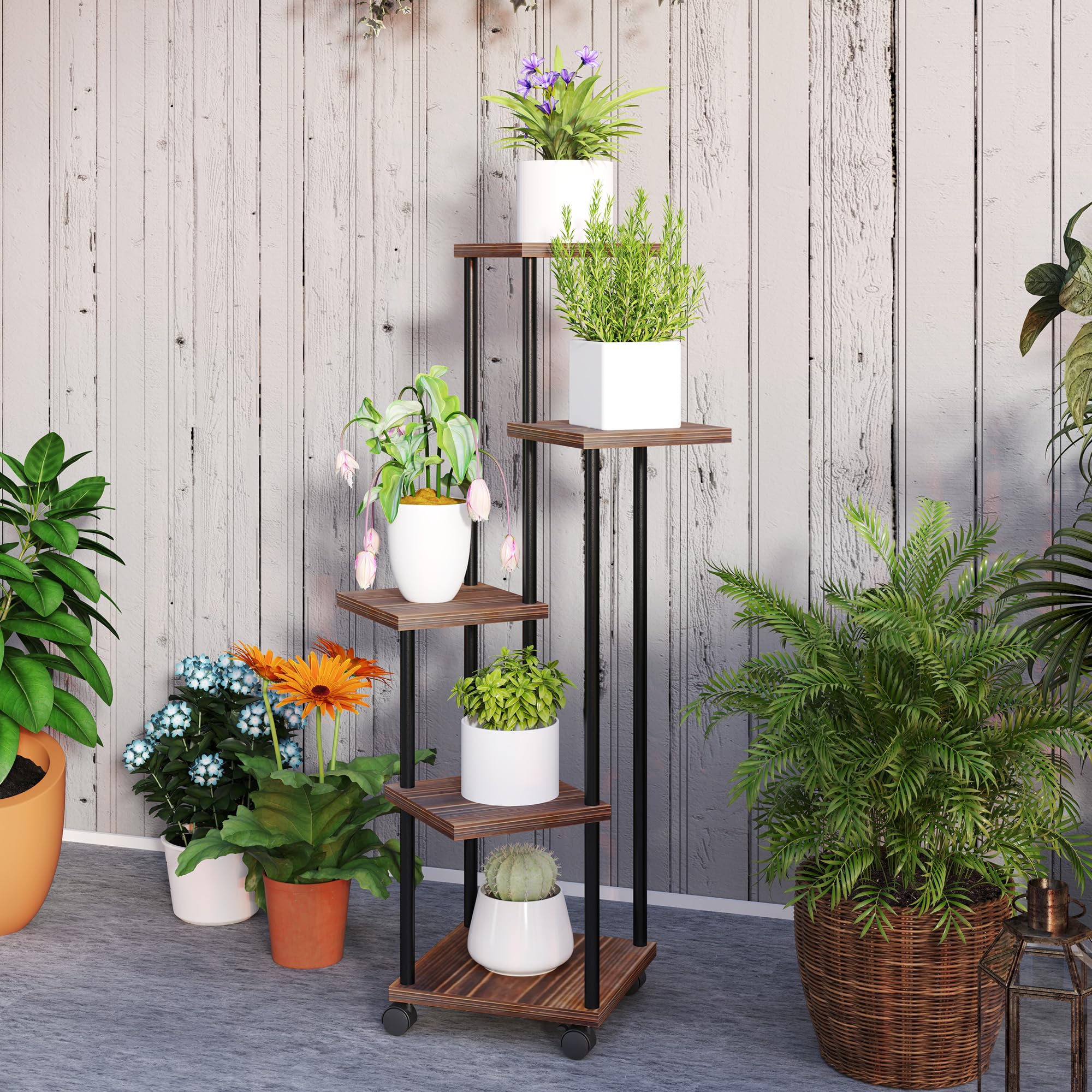 Outsunny Support plantes 5 niveaux roues acier 110 cm carbonisé