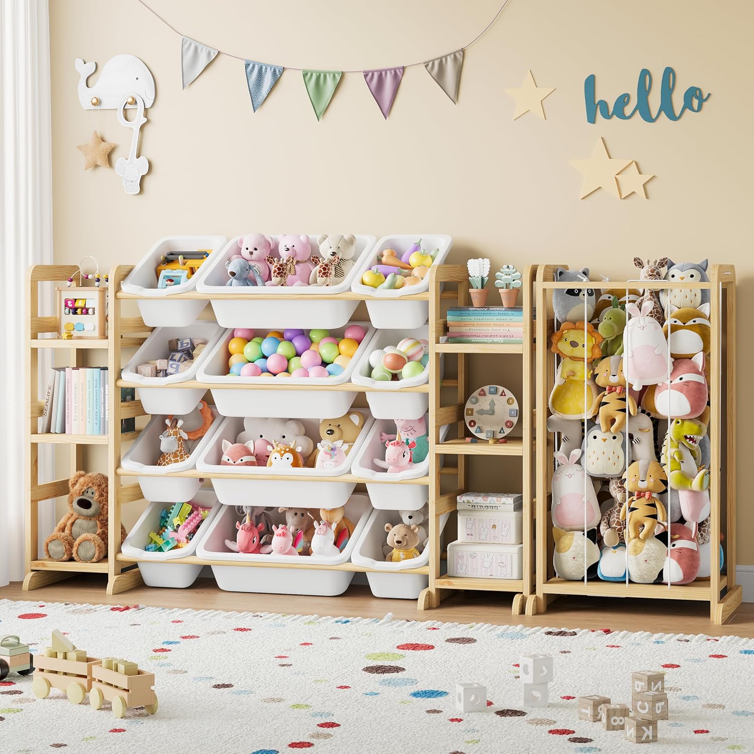 Toy Storage Organizer 12 Bins, 6 Shelves and Stuffed Animal Storage Tower, 3-in-1 Toy Organizers and Storage, Kids Storage Organizer for Playroom, Bedroom, Nursery (Wood-Plushies Storage)