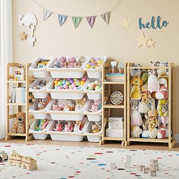 Toy Storage Organizer 12 Bins, 6 Shelves and Stuffed Animal Storage Tower, 3-in-1 Toy Organizers and Storage, Kids Storage Organizer for Playroom, Bedroom, Nursery Wood-Plushies Storage