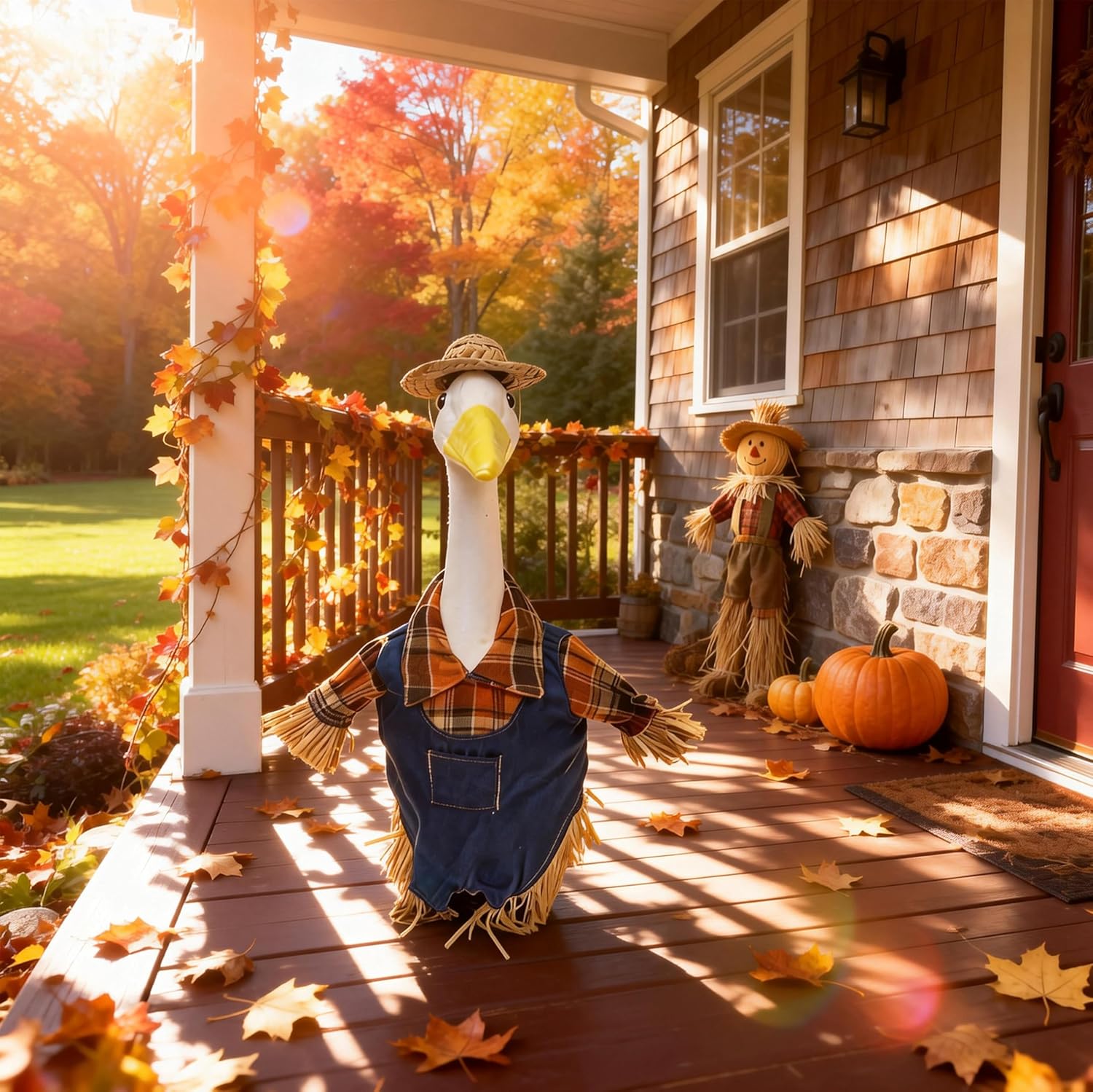 Porch Goose Outfits: Scarecrow Farmer Costume for 23" Lawn Goose Statue. Fall Harvest Garden Decor with Denim Overalls, Plaid Shirt & Straw Hat. Classic Americana Yard Art.