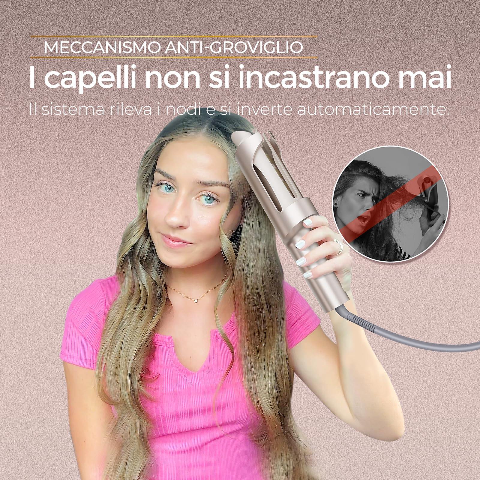 Arricciacapelli Automatico Professionale - Ferro Arricciacapelli Automatico per Grandi Ricci 32mm TYMO Curlpro Plus Beach Waves Piastra Boccoli per Lunghi Capelli Hair Curler Anti-Scaldatura Oro