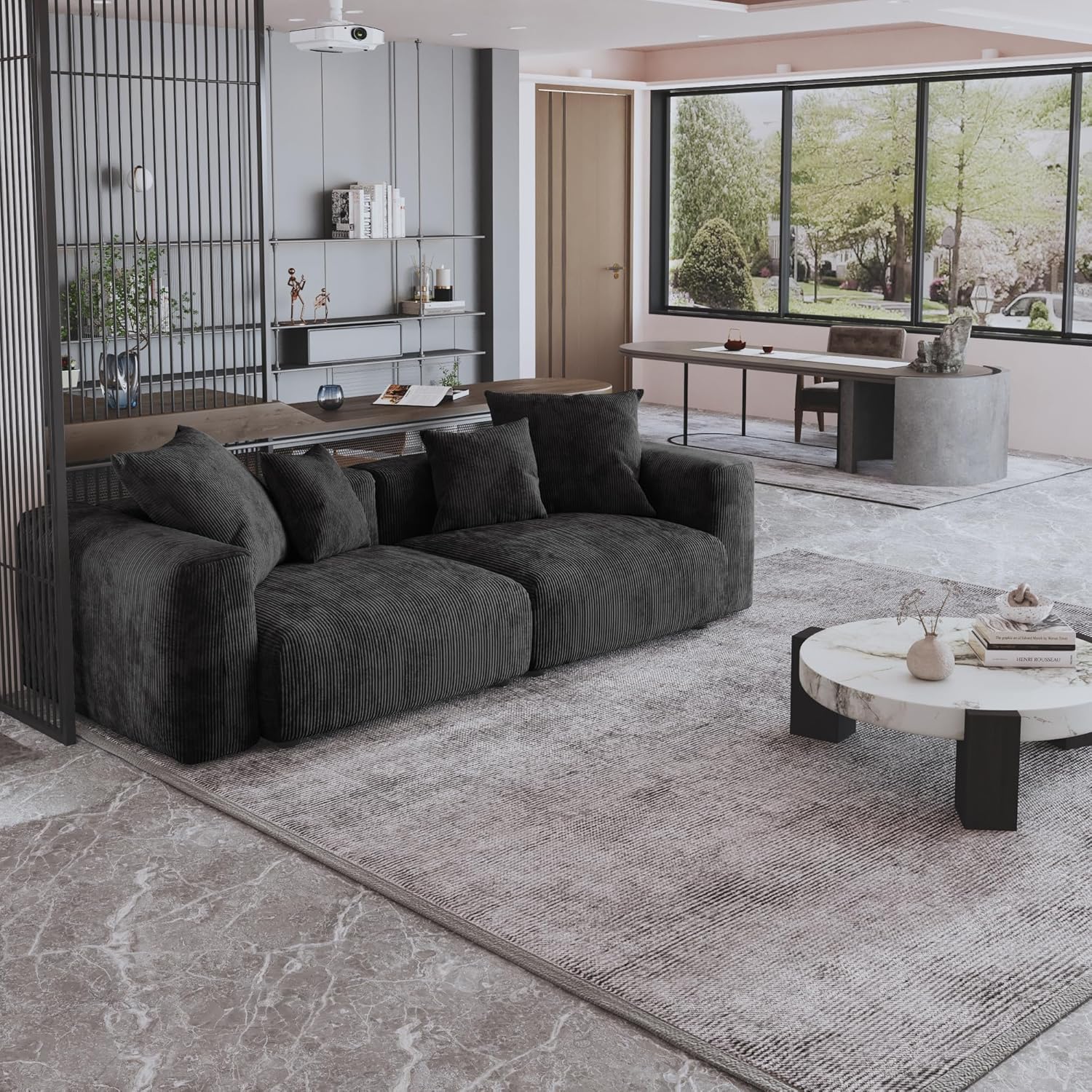 Mid Century Corduroy Modern Modular Sectional Sofa Convertible Loveseat Couch,102 Inch Deep 2-Seater Sofas Comfy Cloud Sofas Couches with Pillows for Living Room Apartment (Black)