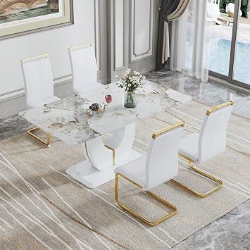 JUFU Modern White Marble Dining Table Set for 4, Glass Kitchen Table and 4 White PU Leather Upholstered Dining Chairs, 71 Large Golden Dinner Table Ideal for Living Room