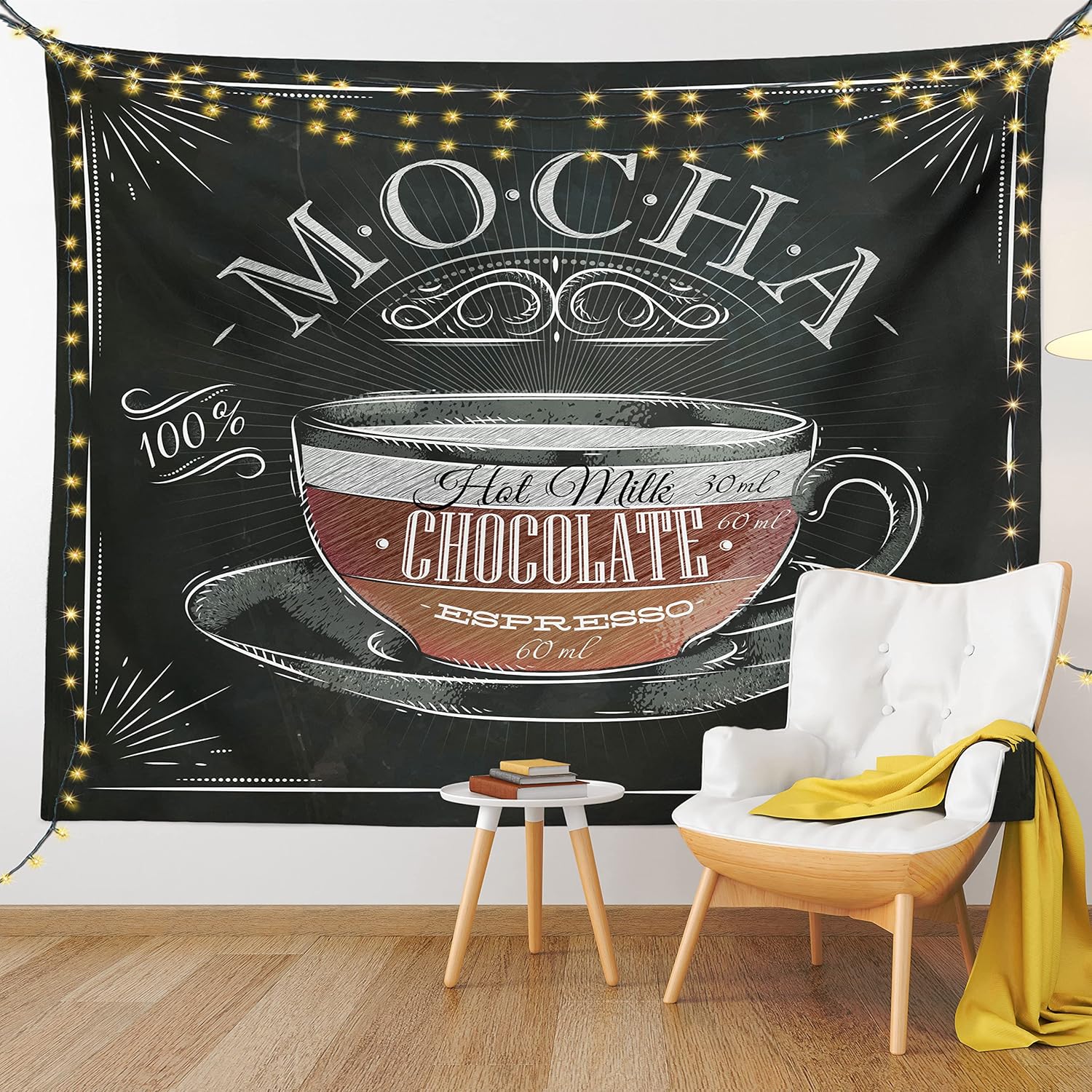 Lunarable Coffee Tapestry King Size, Mocha Cup Hot Chocolate Espresso Old Fashioned Italian Chalkboard Design, Wall Hanging Bedspread Bed Cover Wall Decor, King Size, Grey Black