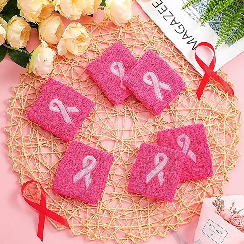 Miniatura 2 de 24 pulseras de cinta rosa para concientización sobre el cáncer de mama, gimnasia, deportes, bandas de sudor para muñecas, brazaletes de béisbol para
