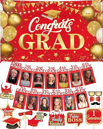 KatchOn, Cartel rojo de fotos de graduación 10 pies con accesorios rojos de cabina de fotos de graduación 2023 y decoración roja de graduación