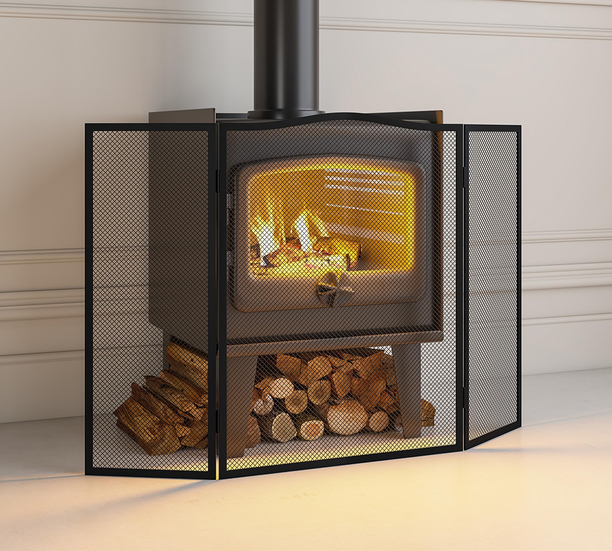 Pare-étincelles 3 panneaux écran plat fer arche supérieure 96,5 cm x 61 cm maille robuste cheminée ouverte revêtement poudre noire