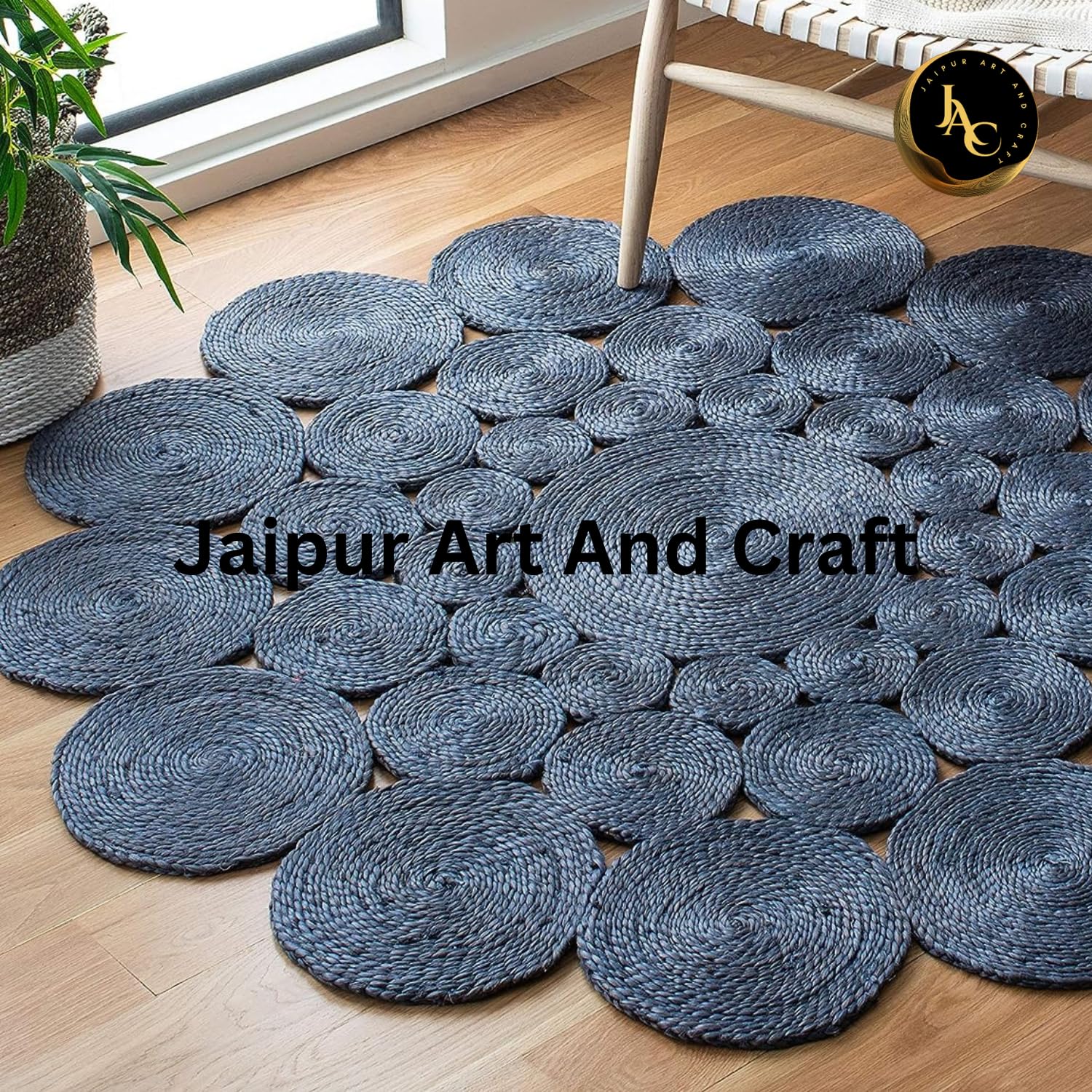 Runder Blauer natürlicher Jute-Teppich, handgefertigter Vintage-Bodenteppich aus Naturfasern– (7x7 Quadratfuß)