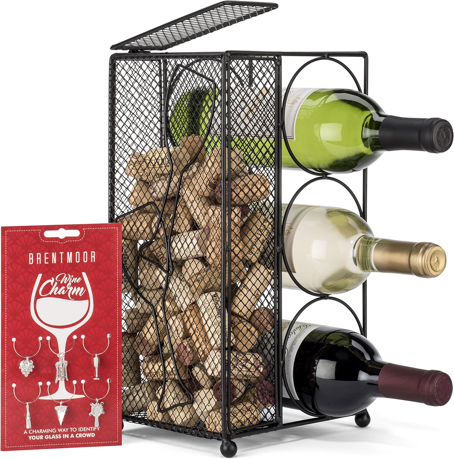 Brentmoor 3 Bottle Wine Rack/Cork Holder Black