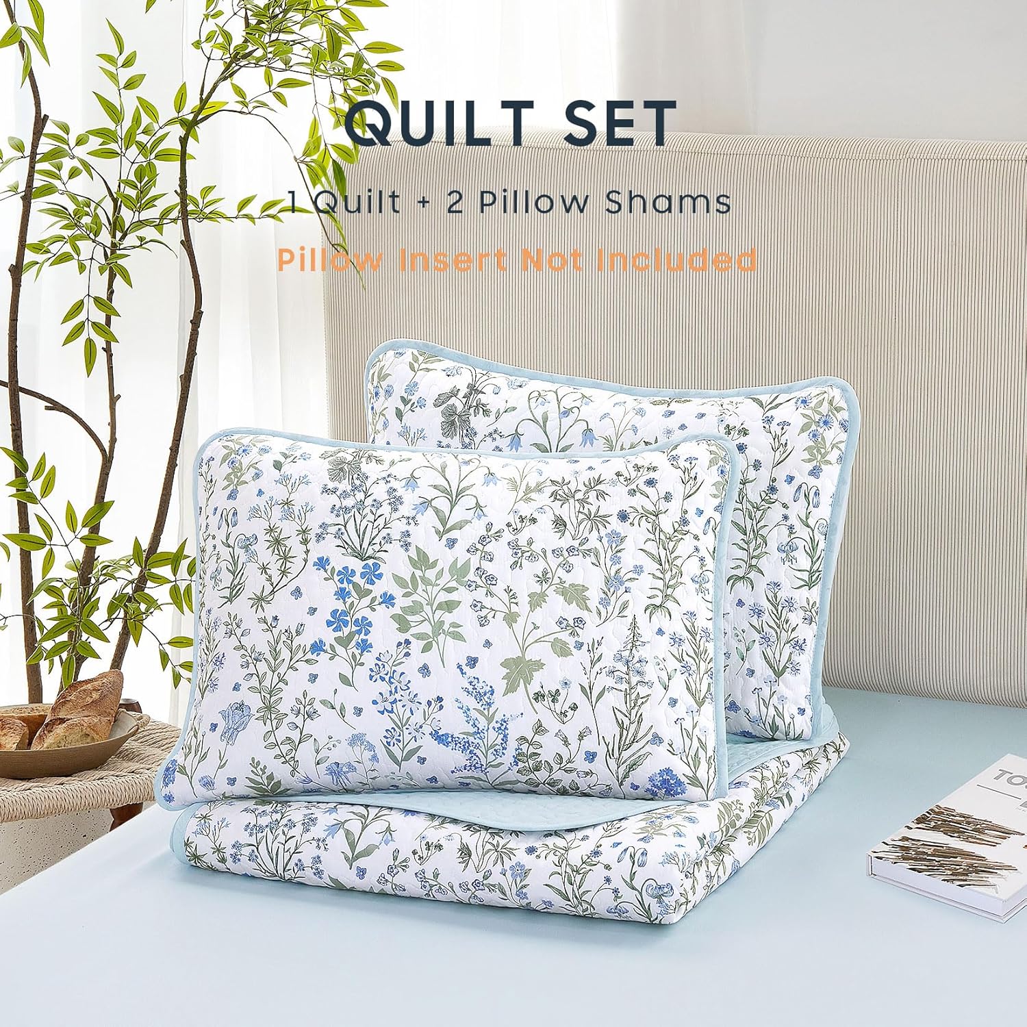 Wake In Cloud - Floral Quilt Set, Botanical Flower Shabby Chic Cottagecore Vintage Aesthetic Pattern, Reversible Lightweight Bedspread Coverlet, 3 Pieces, Blue White, Twin/Twin XL Size - Image 2