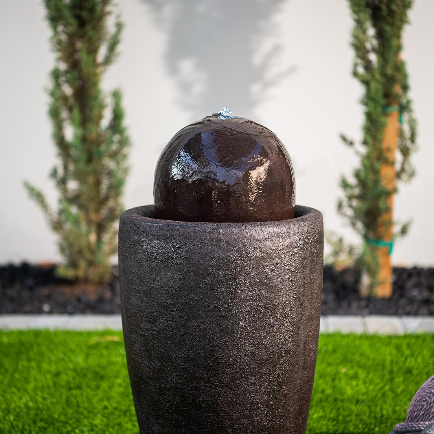 XBrand 25.98" H Black Round Stone Indoor/Outdoor Modern Sphere Water Fountain with LED Lights – Ball Bubbling Fountain Décor for Garden, Patio, or Tabletop