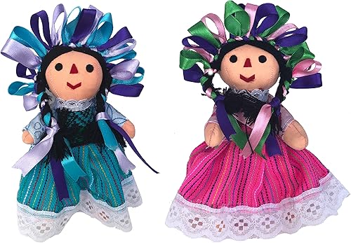Miniatura 3 de ALKIMIA INC Paquete de 2 muñecas de trapo tradicionales mexicanas hechas a mano, 7 pulgadas, rosa y azul