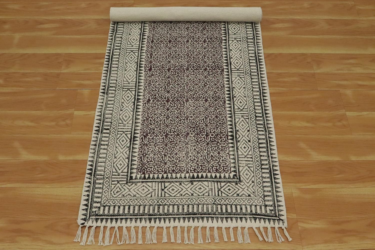 Kilim Runner 6x12 Black Beige Geometric Design Hand Block Printed Cotton Dhurrie Hand Surface Washable Runner 0.19" Thick Handmade Boho Indoor Outdoor Flatweave Rugs for Hallway,Staircases,Corridor