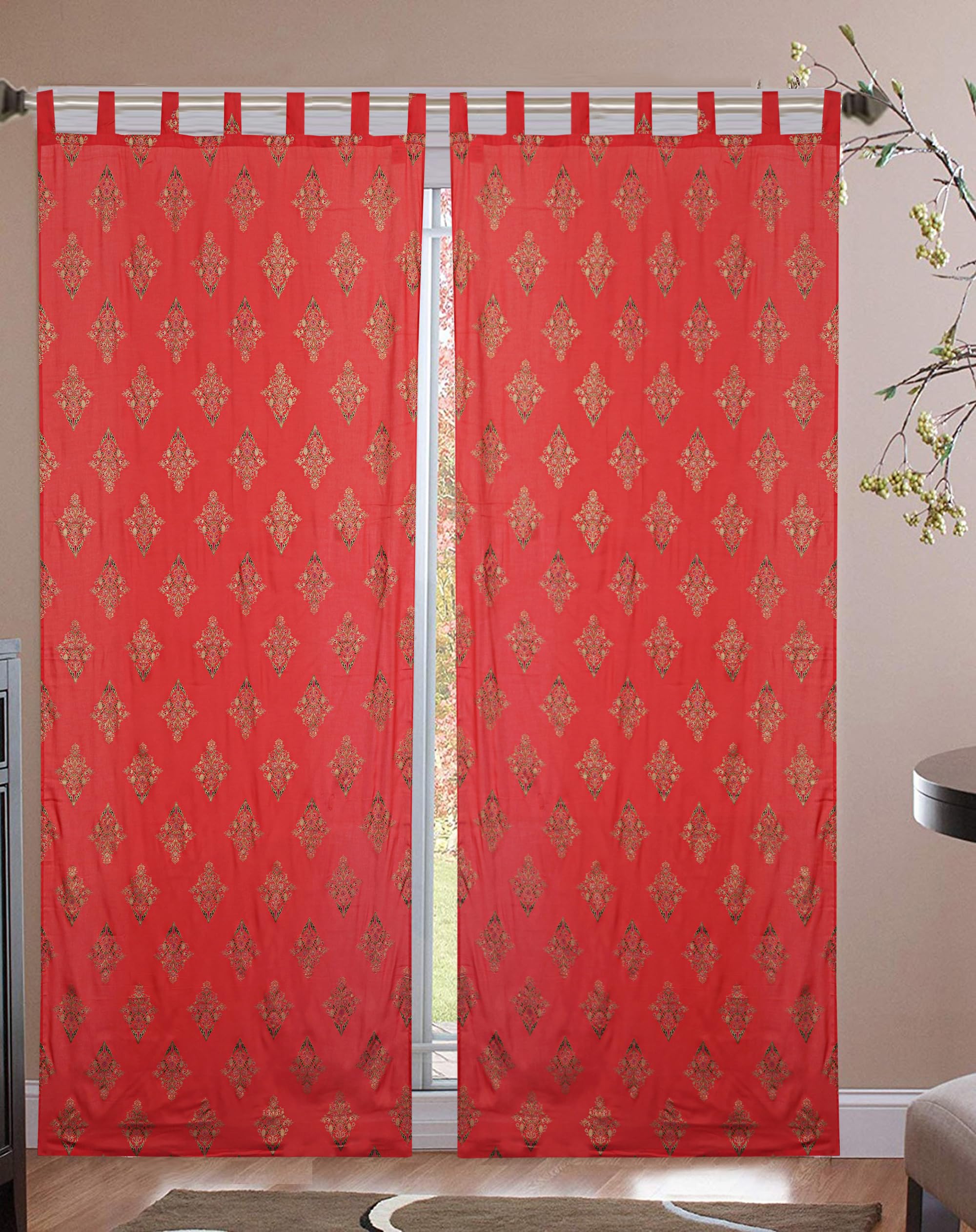 KS HOME DECOR LOOPI Curtains RED GOLDAN Butta Printed Set of 2 (4 FEET) 48 INCH.