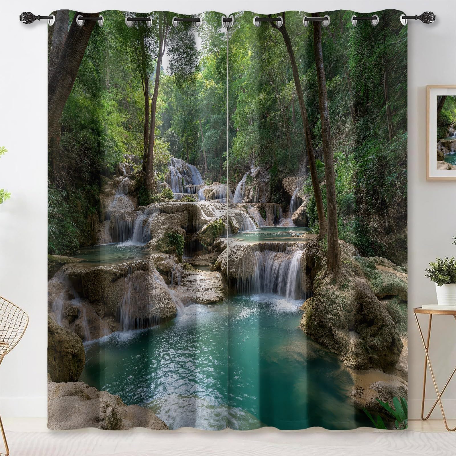 Rideau occultant naturel style forêt et cascade de bassin pour décoration de fenêtre thermique de chambre