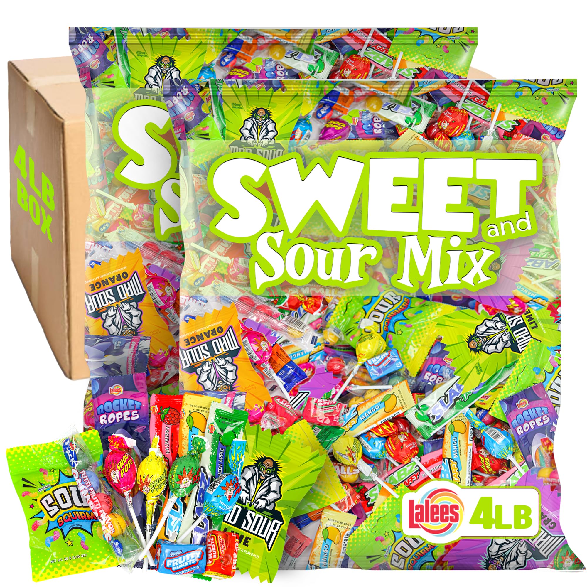 Lalees Sour Candy Variety Pack - 4 Pounds - Bulk Holiday Candy - Individually Wrapped Candy for Stocking - Assorted Pinata Candy - Candy For Goodie Bags - Party Favors For Kids