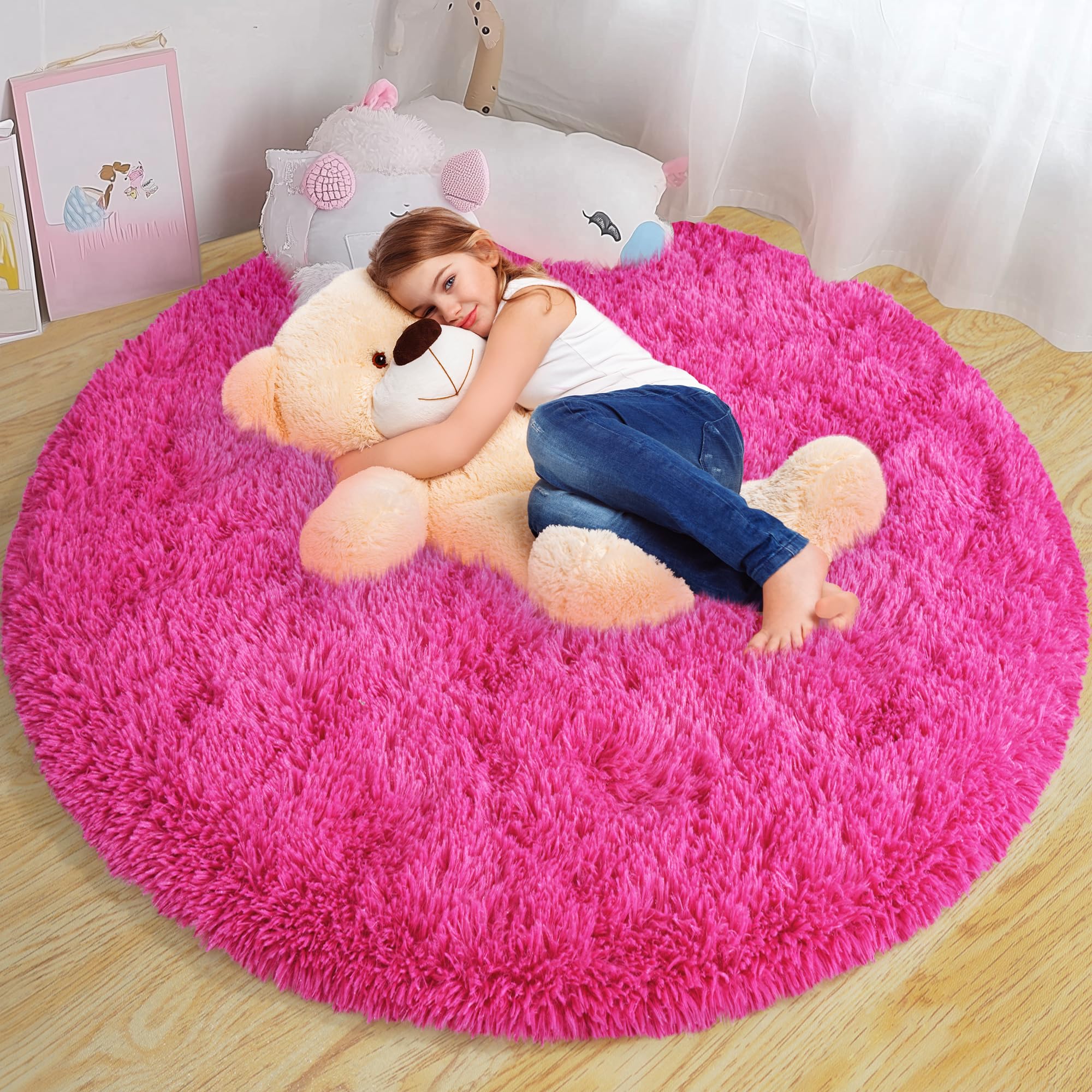 Xexsin Round Fluffy Rugs 5Ft for Girls Bedroom, Hot Pink Shag Circle Kids Rug Non-Slip for Bedside Dorm Nursery Playroom, Soft Cute Area Rugs for