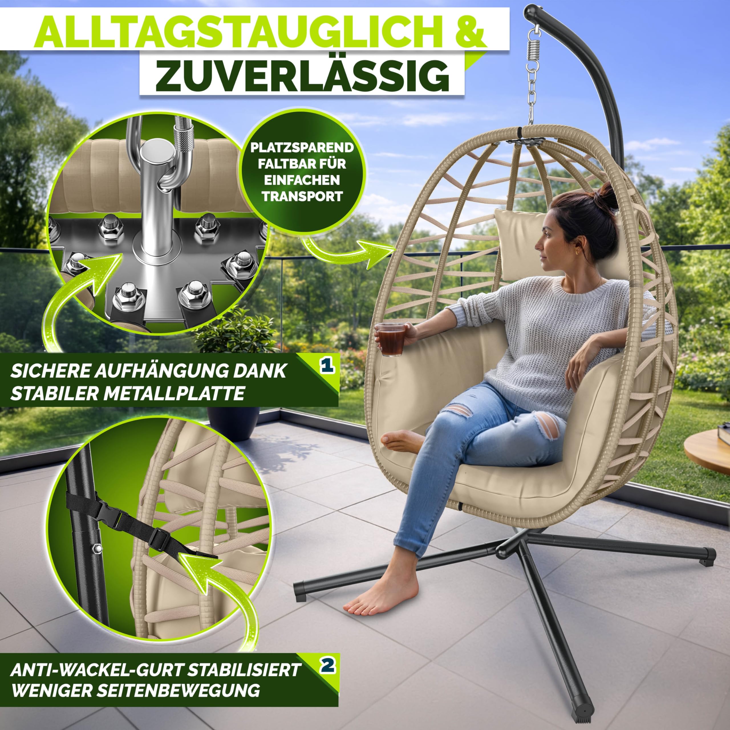 tillvex® Hängesessel mit Gestell Outdoor & wetterfester Abdeckung inkl. Befestigung | Hängekorb klappbar bis 150 kg | Hängesitz aus Rattan | Hängestuhl für Indoor Garten Balkon Terrasse (Taupe)