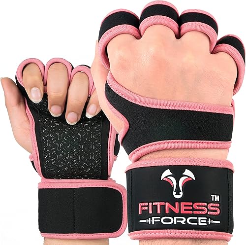 FITNESS FORCE Guantes de gimnasio ventilados para hombres con soporte de muñeca integrado para entrenamientos, guantes de levantamiento de pesas,