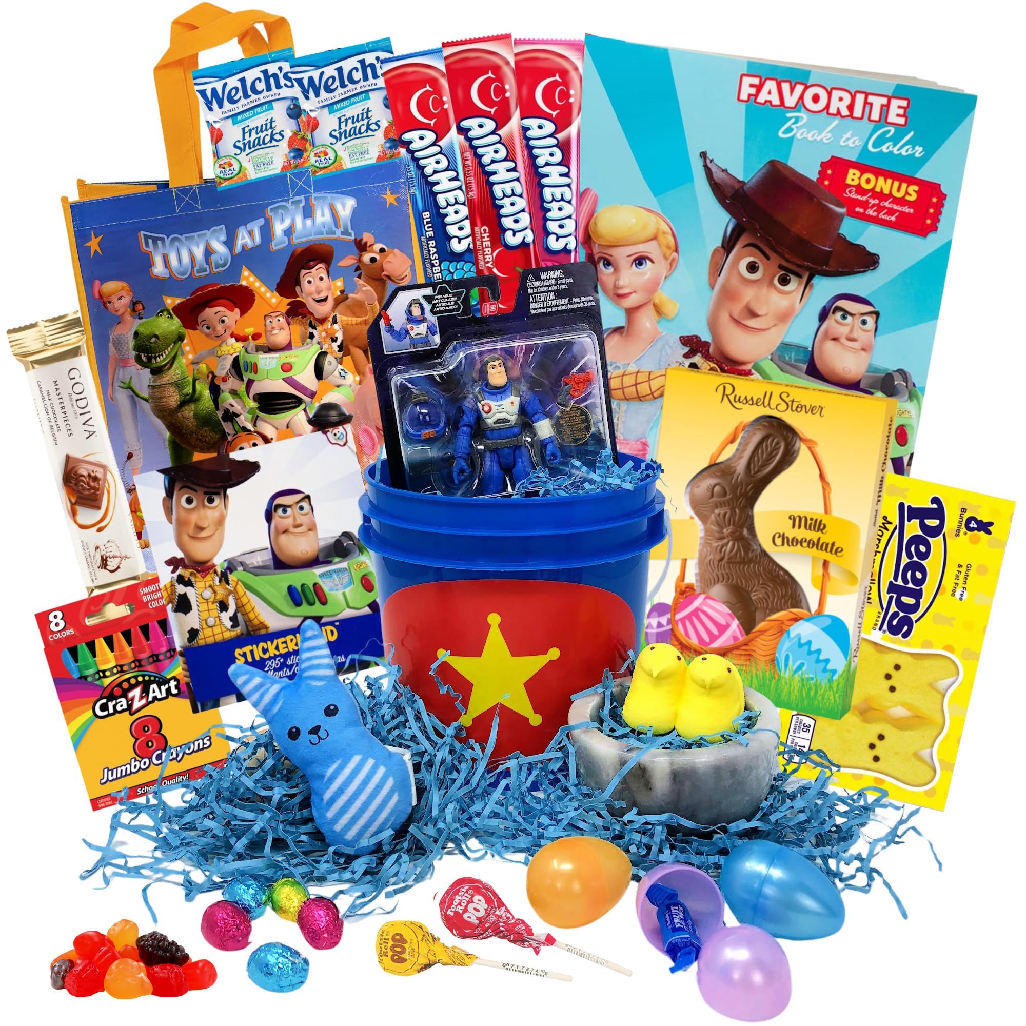 Easter Gift Basket With Cartoon Theme For Kids, Boys, Girls - Already Filled With Easter Eggs, Candy, Chocolate, Prefilled Easter Care Package