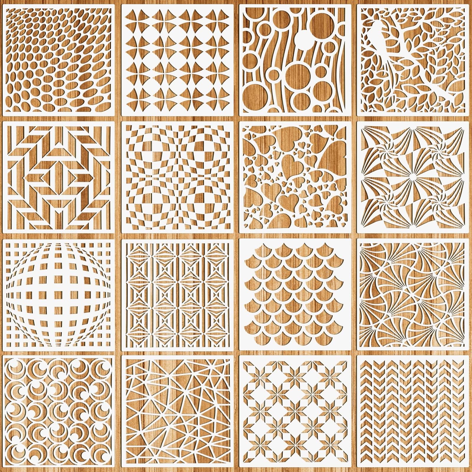 OOTSR16 PCS Geometric Painting Stencils Set for Craft, 7.9" Plastic Art Template for Painting Wood Wall Floor Furniture Canvas Scrapbooking DIY, Reusable Paint Supplies Home Decor