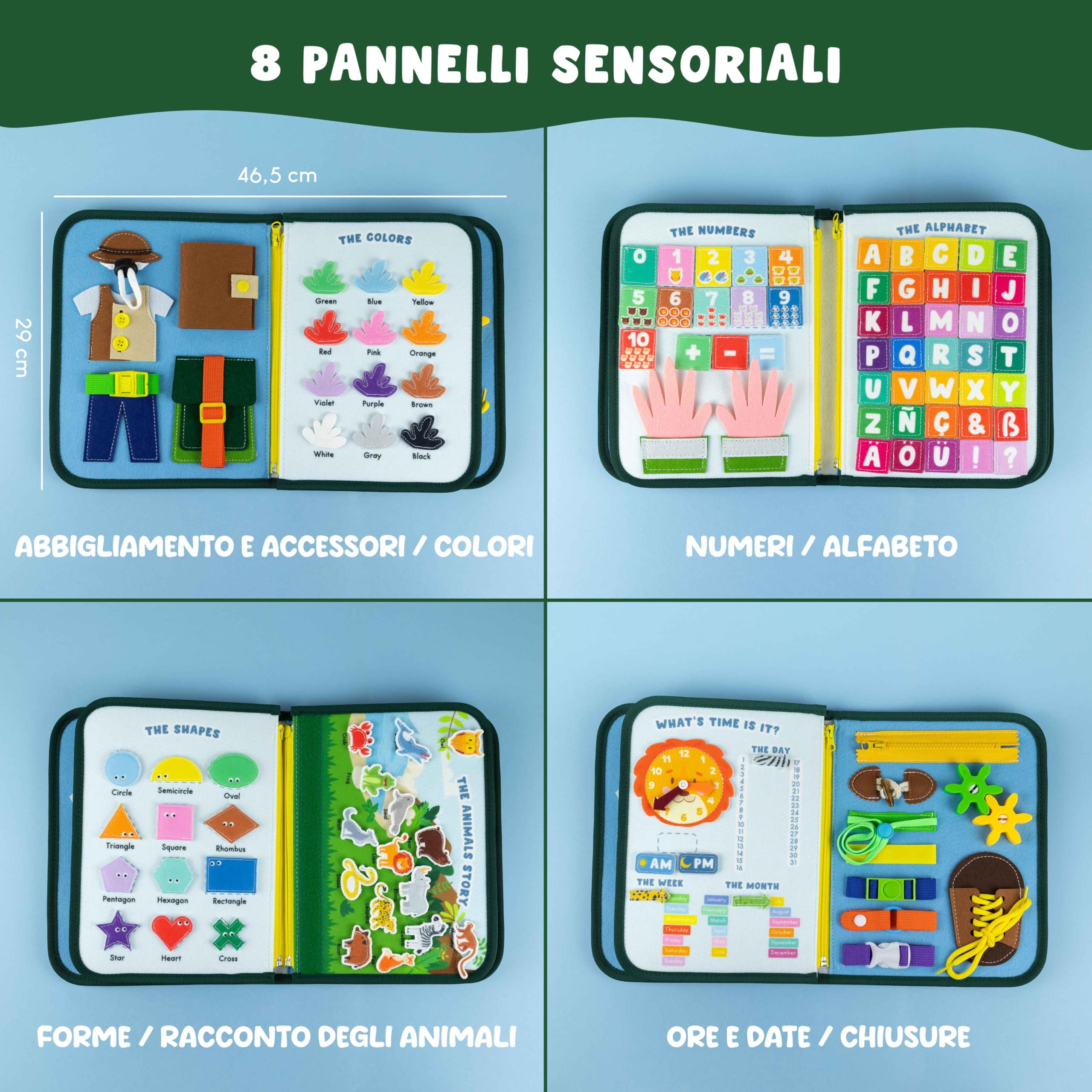 BONNYCO Montessori Busy Board Feltro. Valigetta Giochi Montessori Didattici, Pannello Sensoriale Bambini Board. Giochi Bambini 1 2 3 4 5 6 Anni, Regalo Bambino Bambina Bimbo Book Compleanno Natale