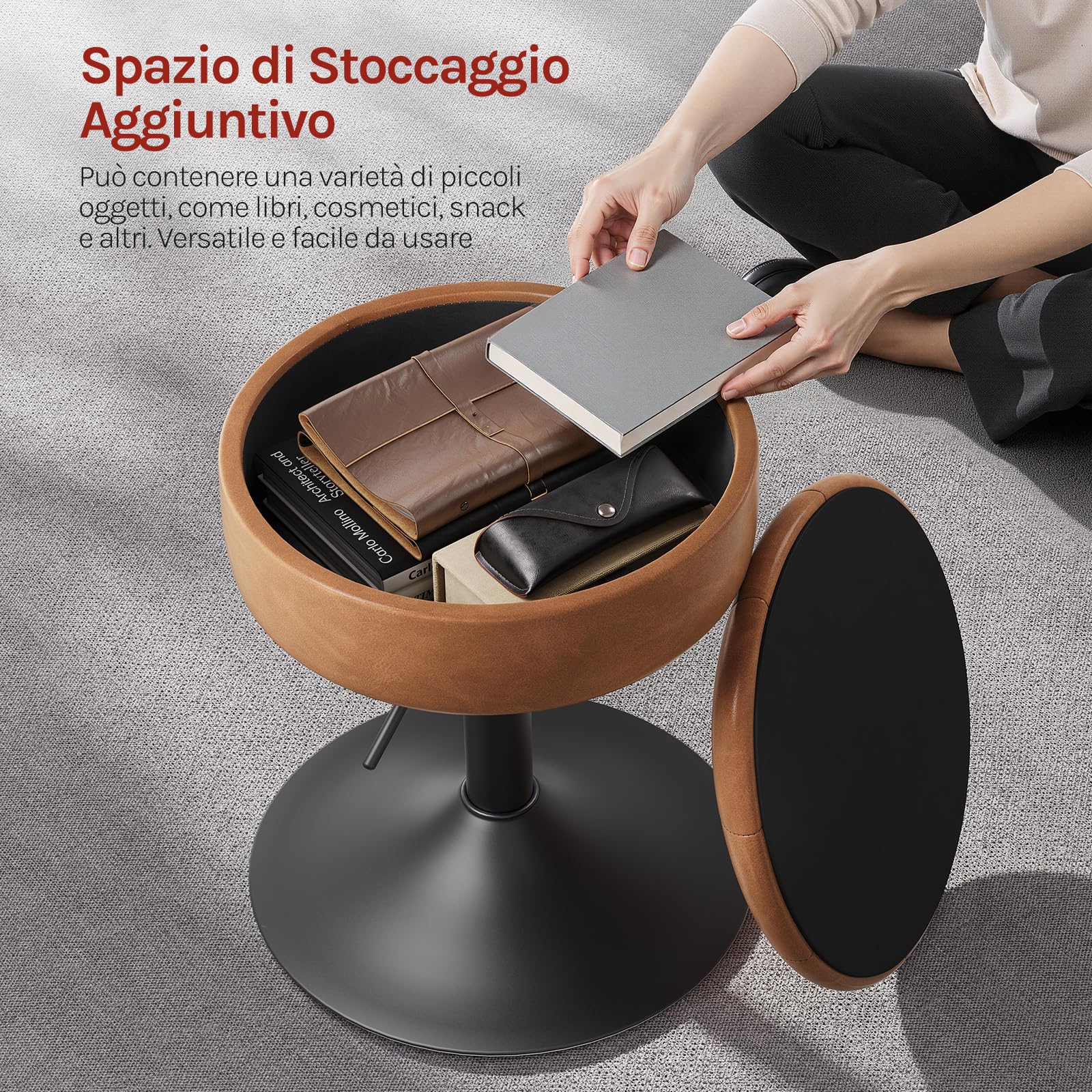 WOLTU Sgabello da Trucco, Sedia con Contenitore, in Velluto, Marrone | Sgabello Altezza Regolabile, 50-66.5cm, Sedia da Bar Rotondo, per Cucina Soggiorno, Toeletta Trucco, Postazione, in Metallo