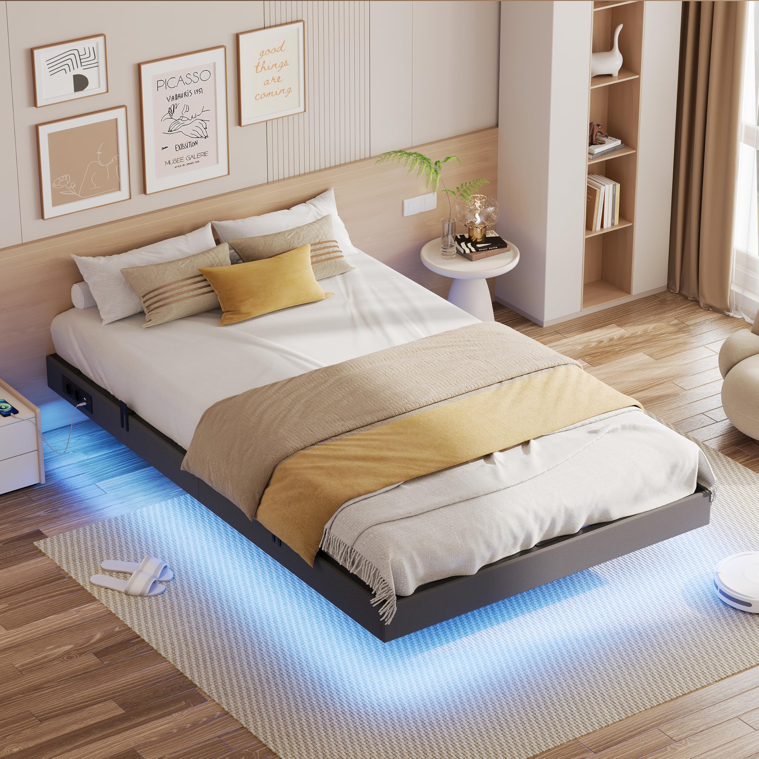 IRONCK Bettgestell 120x200 cm, Schwebender Bett mit LED Beleuchtung, Gepolsterte Seitenwände, 2 AC-Steckdosen, 2 USB-A-Anschlüsse, 1 USB-C-Anschluss, Metallbett mit Lattenrost Einzelbett, Grau