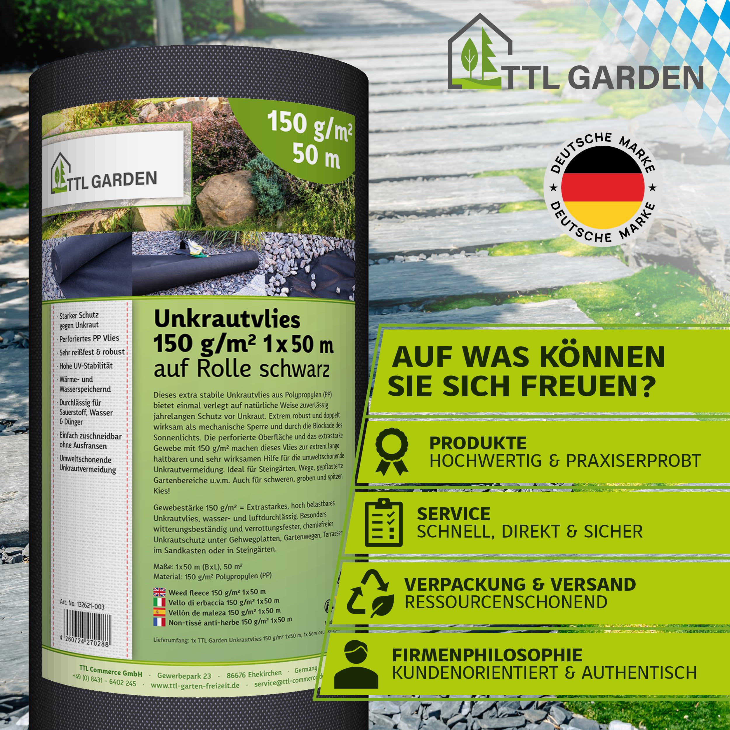 TTL GARDEN 150g/m² Unkrautvlies 50m² 1x50m Rolle - wasserdurchlässig & extra reißfest 50 x 1m breit Gartenvlies auf Rolle - UV-stabile Wurzelsperre Mulchvlies Garten Vlies Folie gegen Unkraut