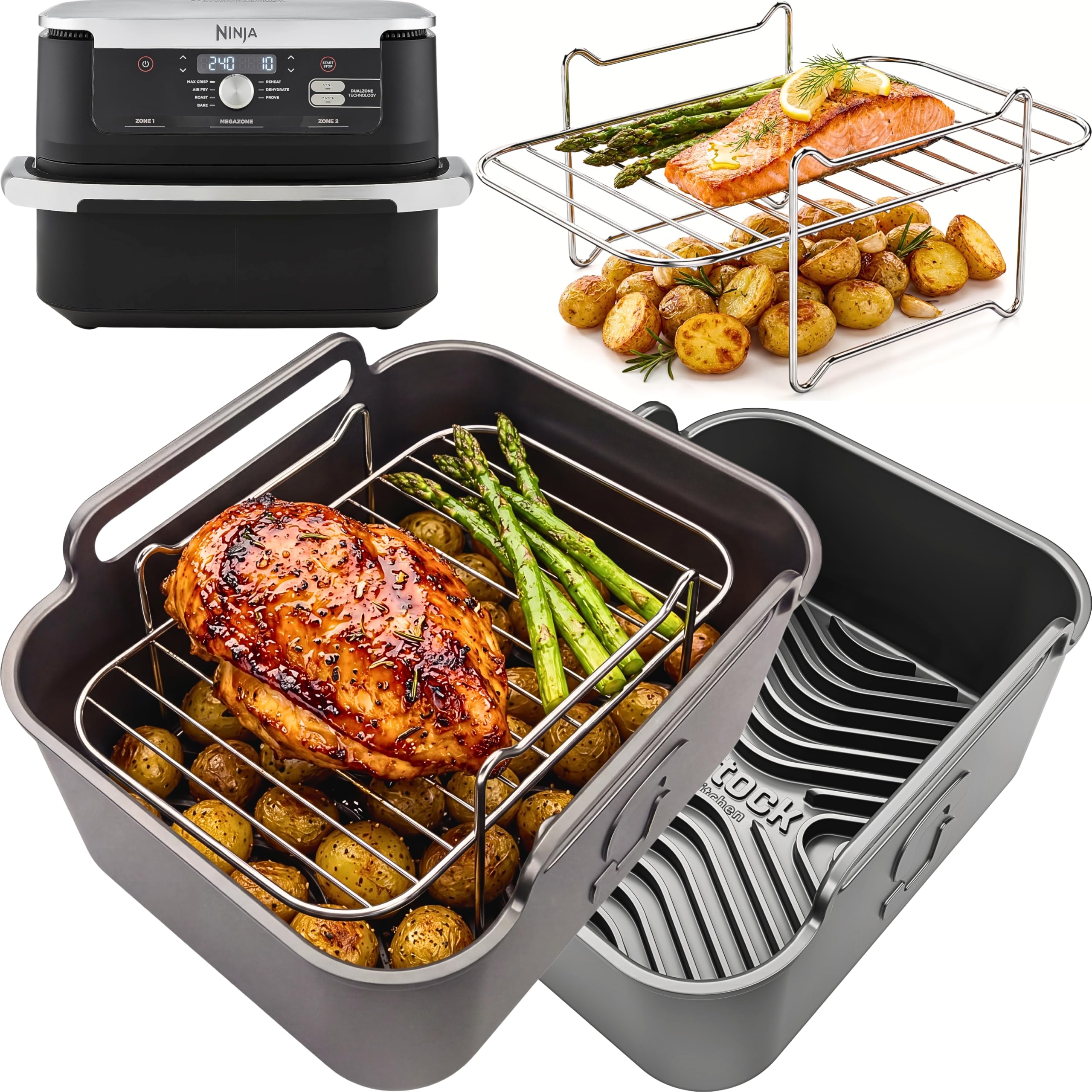 AirFlow Pro™ Silicone Liners + Flat Racks for Ninja FlexDrawer AF500UK 10.4L | 2 Liners + 2 Stainless Steel Flat Racks | Stack & Cook System | Ninja AF500UK Accessories | by iStock Kitchen