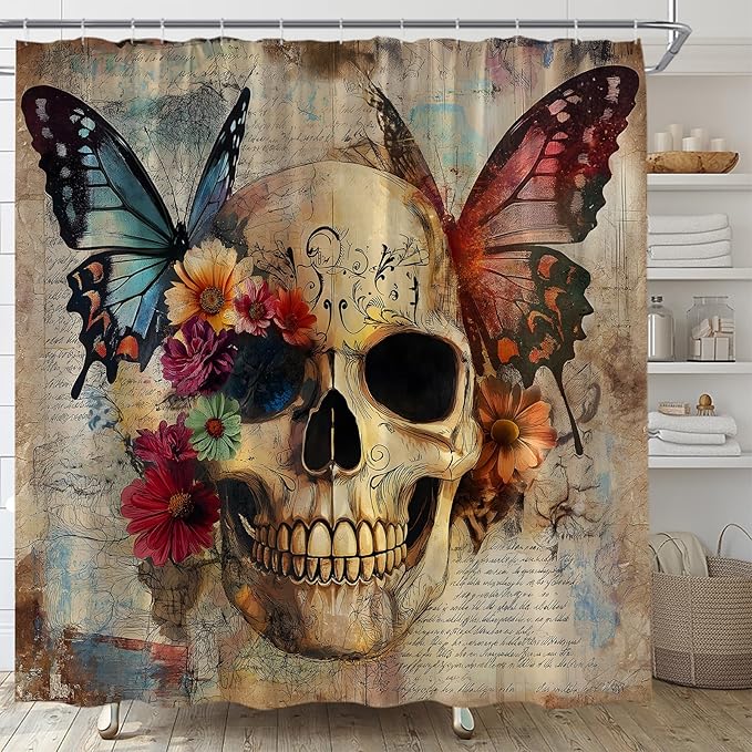 Sugar Skull Shower Curtain Gothic Skull Floral Halloween Vintage Flower Retro Watercolor Butterfly Spooky Skeleton Fabric Bathroom Curtain Decor Bath Set with Hooks(70