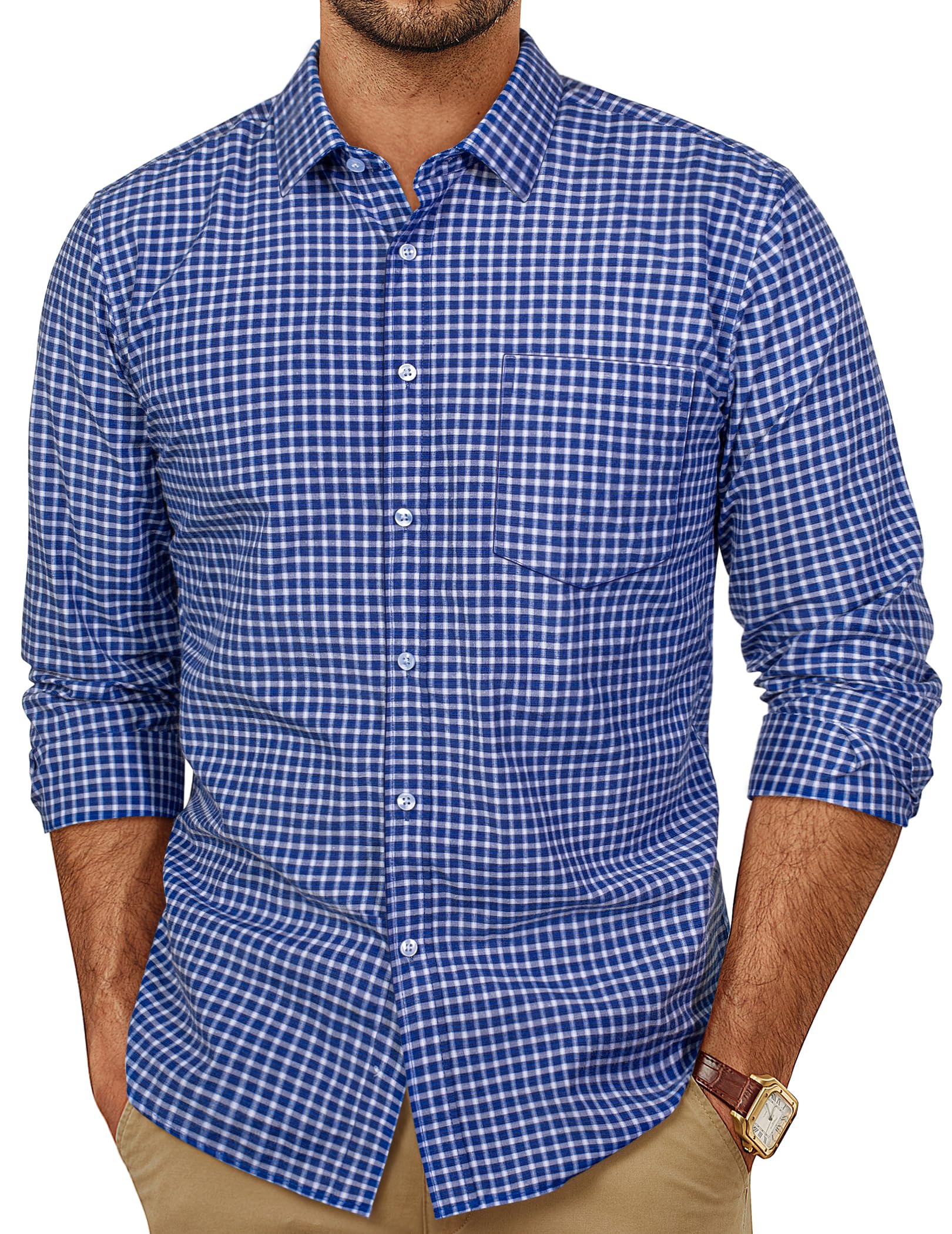 PJ PAUL JONES Mens Dress Shirts Cotton Long Sleeve Button Down Shirts Business Casual Plaid Tops with Pocket