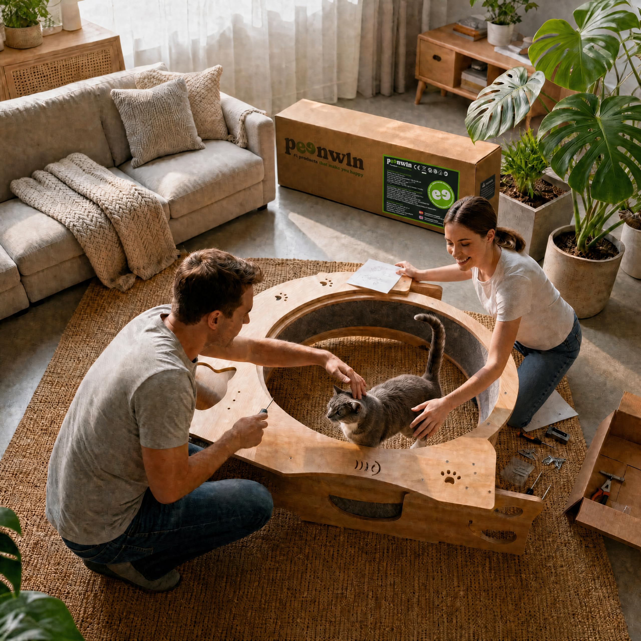 Rueda de Ejercicio para Gatos de Madera Maciza 5 en 1 (100cm) con Casita Integrada, Rascador, Plataformas y Cuencos – Cinta de Correr Silenciosa y Estable para Gatos Grandes y Perros Pequeños