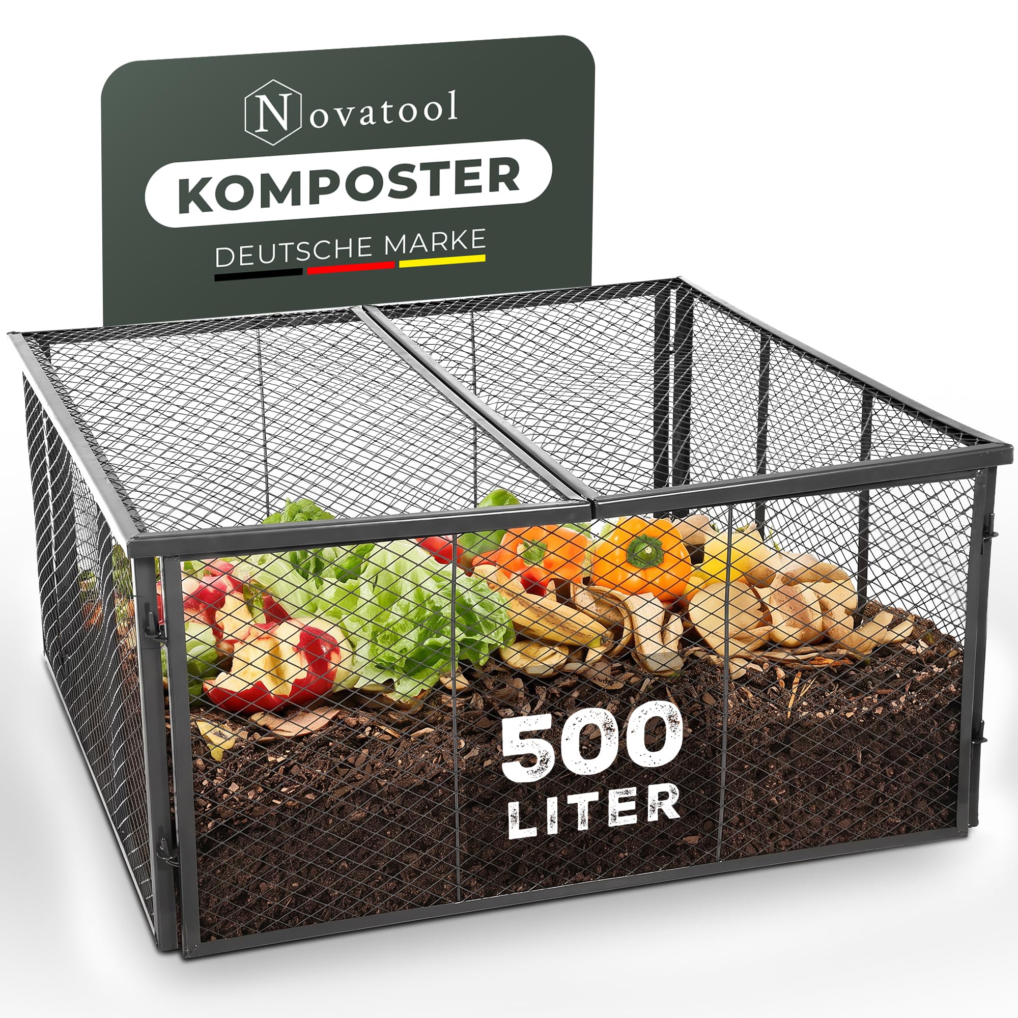 Novatool Composteur de jardin en métal 100 x 100 x 50 cm + couvercle ou sol, avec système d'emboîtement extensible, composteur en métal revêtu par pulvérisation d'un volume de 500 l, boîte de compost