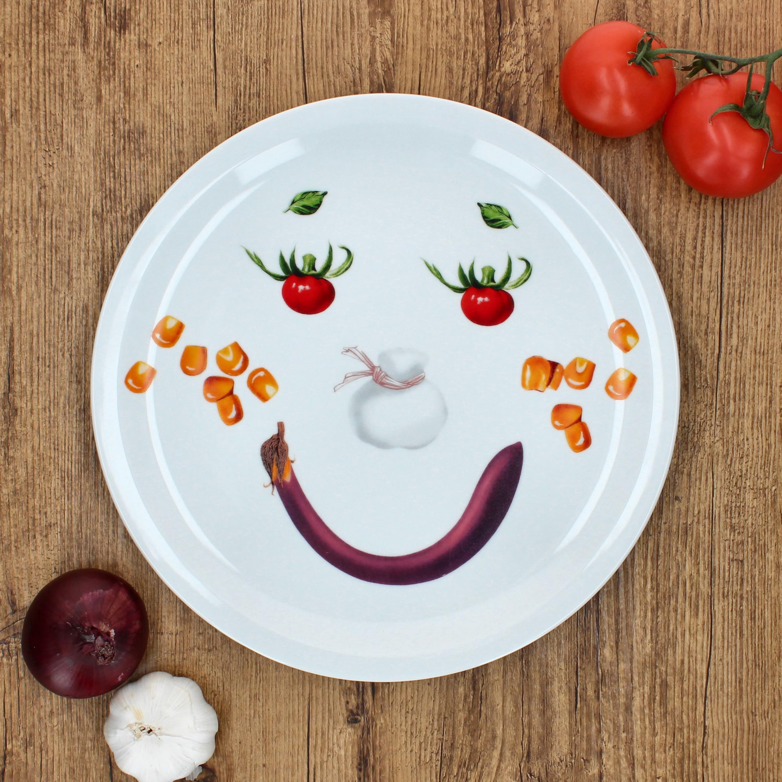 MamboCat 2er Set Smiley Pizzateller I Ø 30,5 cm I lustige Servierplatte aus Porzellan mit Gemüse-Gesicht I Kinderteller, Partyteller, Familienpizza I für Pizza, Flammkuchen & mehr