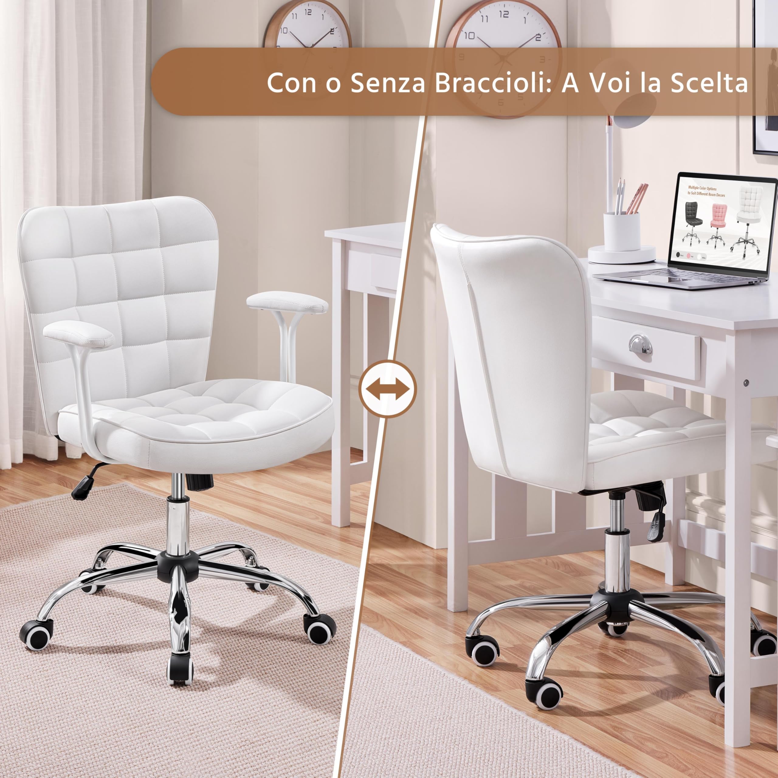 Yaheetech Sedia Ufficio Scrivania Cameretta in Finta Pelle con Braccioli | Altezza Regolabile, Funzione Dondolo, Girevole a 360°, Portata 136 KG, Bianco