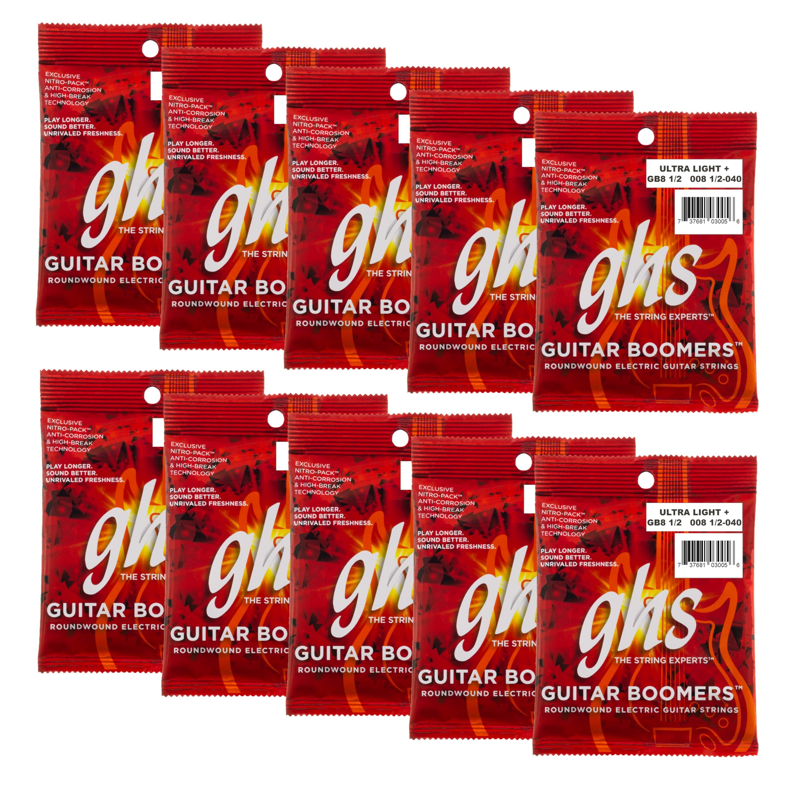 GHS GB8 Struny Guitar Boomers, 1/2, 10 szt., zestaw strun gitarowych, niklowane struny do gitary elektrycznej, ultralekkie + (008 1/2-40)