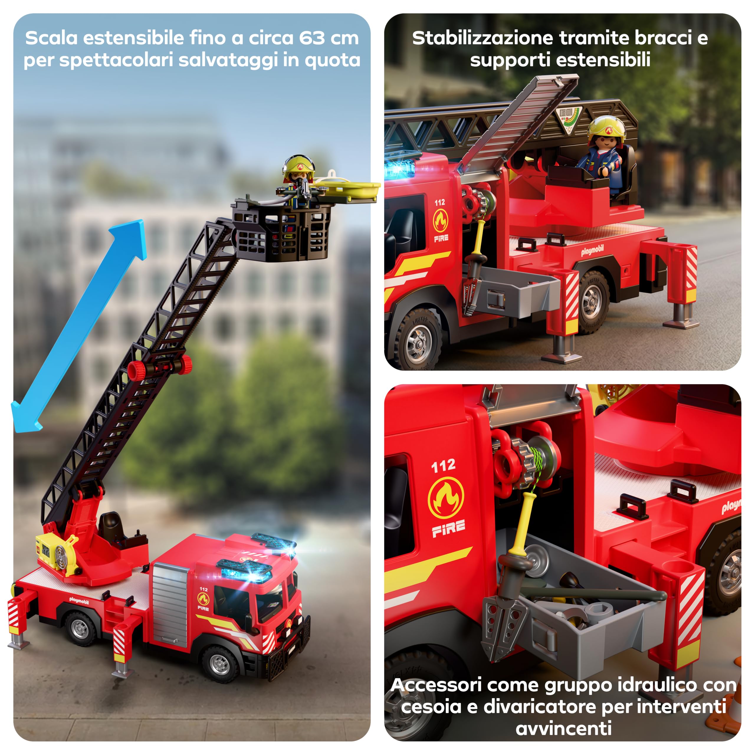 PLAYMOBIL | City Action | Autoscala dei pompieri | Veicolo di intervento con scala da 63 cm, luci e suoni, attrezzature di soccorso e accessori | Per bambini da 4 anni | 72192