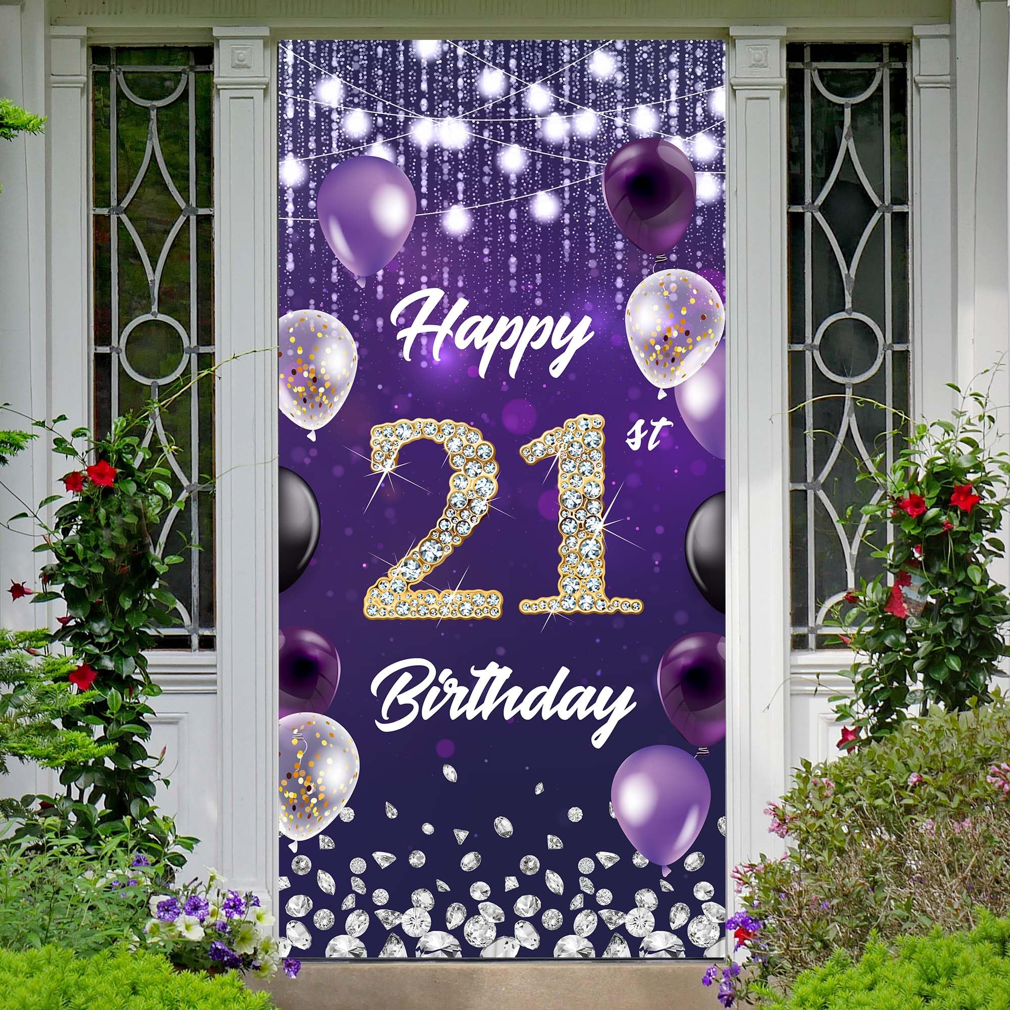 Happy 21st Birthday Backdrop Banner Purple Theme Background with Shiny Diamond Noble Elegant Birthday Party Photo Photography Prop Booth Door