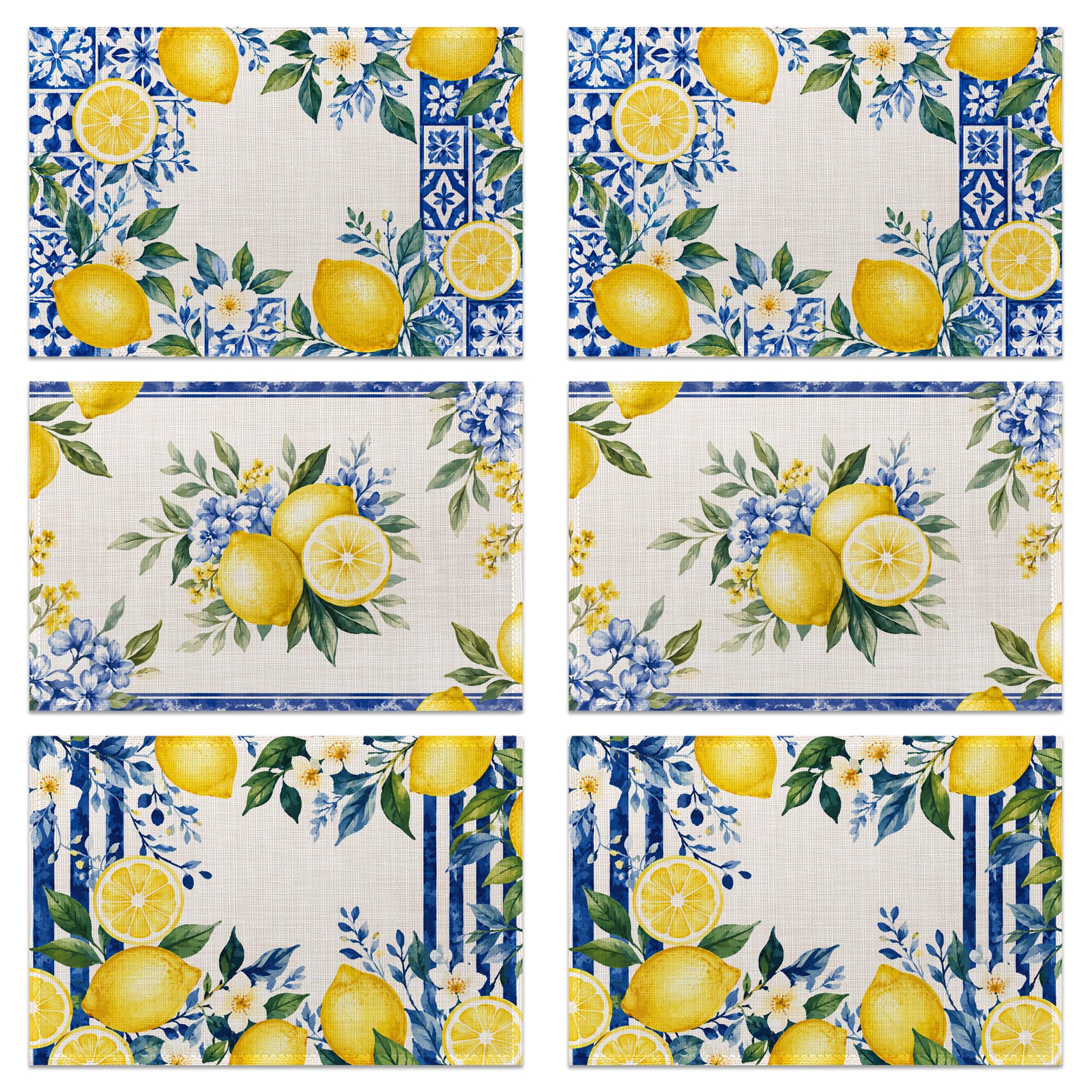 Placemats Set of 6 for Dining Table, Lemon Placemats, Easy Clean Linen Place Mats, Non Slip Table Decor for Kitchen Party, 45 x 30 cm