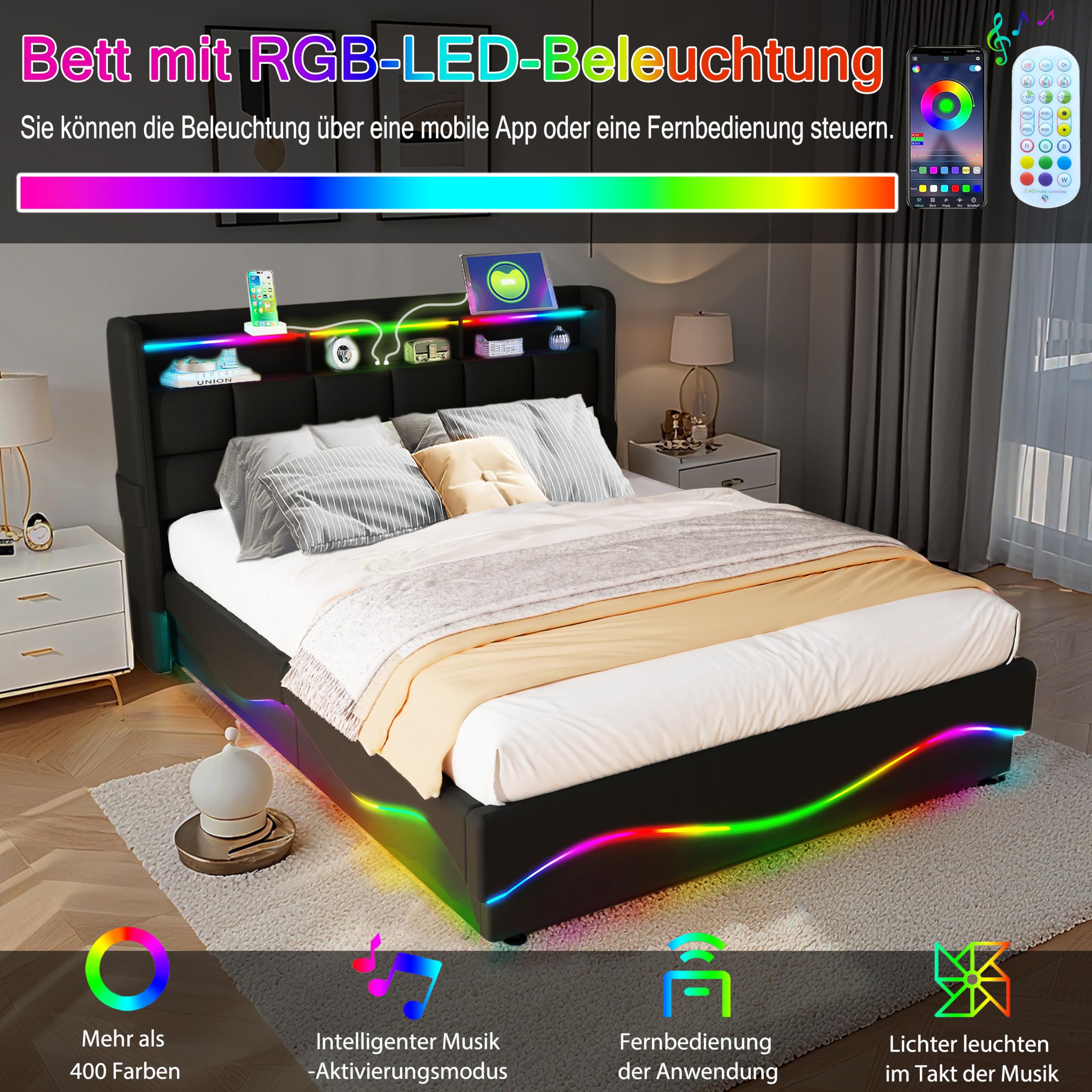 Cama de Almacenamiento Todo en Uno 140x200 cm con Luces LED, Estación de Carga USB/Type-C, Estantería para Cabecera y Gran Almacenamiento bajo la Cama, Cuero, Negro